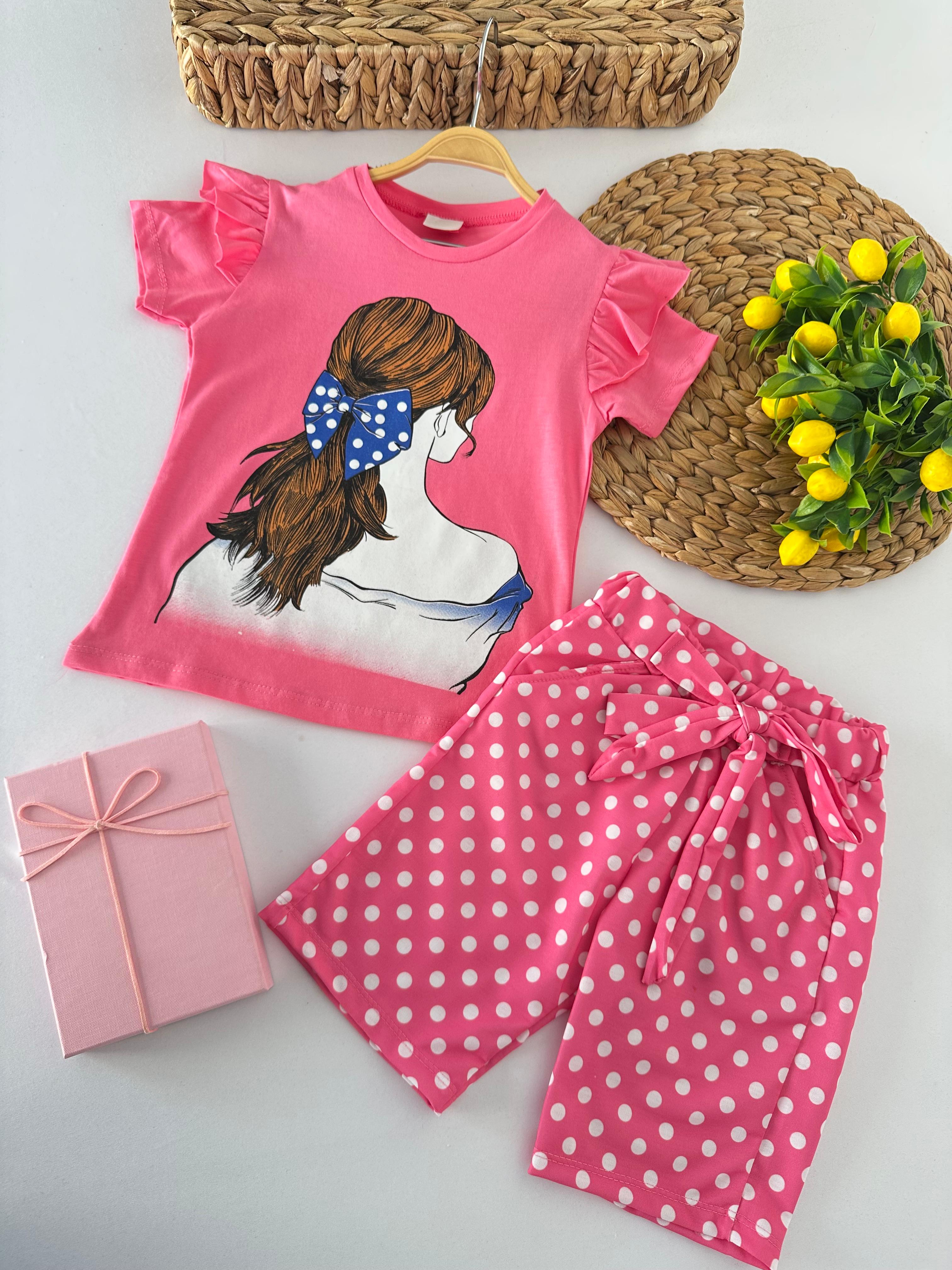 Kız Çocuk Pembe Puantiyeli Fiyonklu Takım