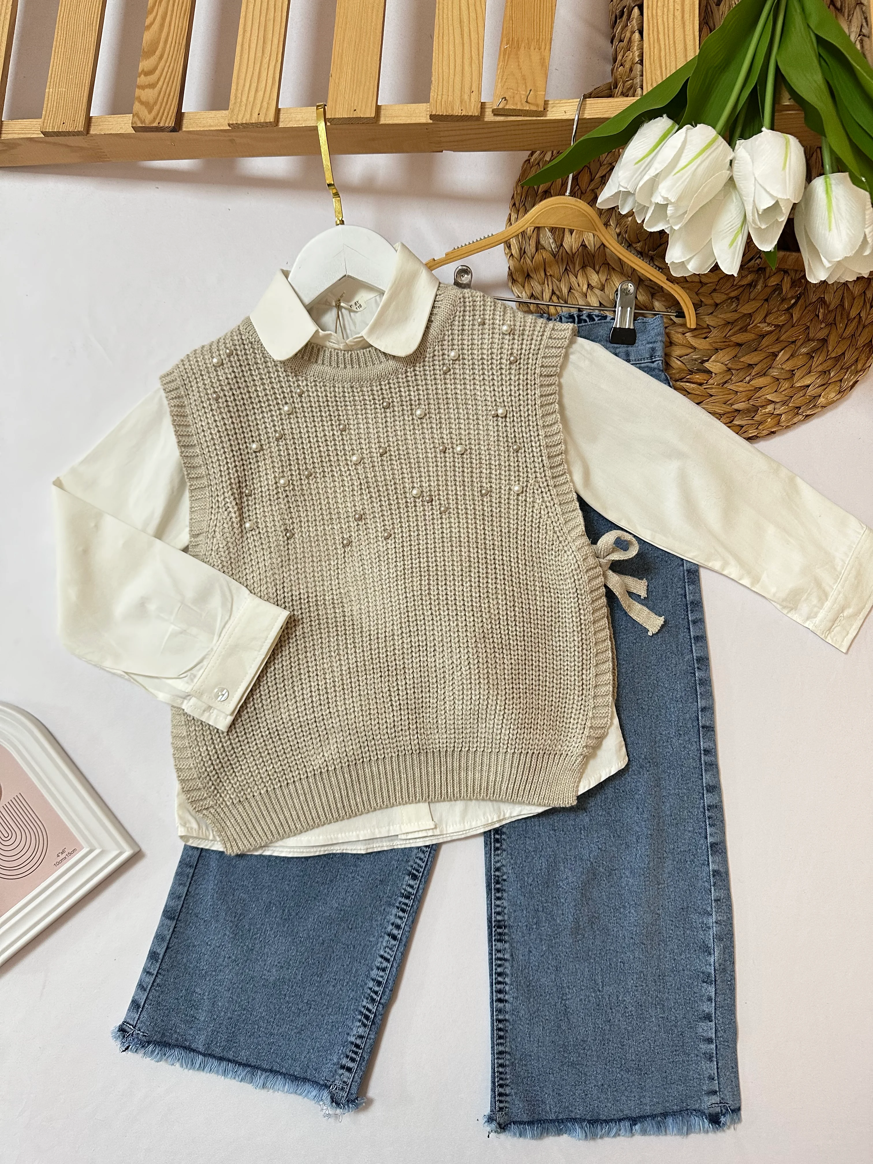 Kız Çocuk Bej İnci Trikolu 3'lü Takım