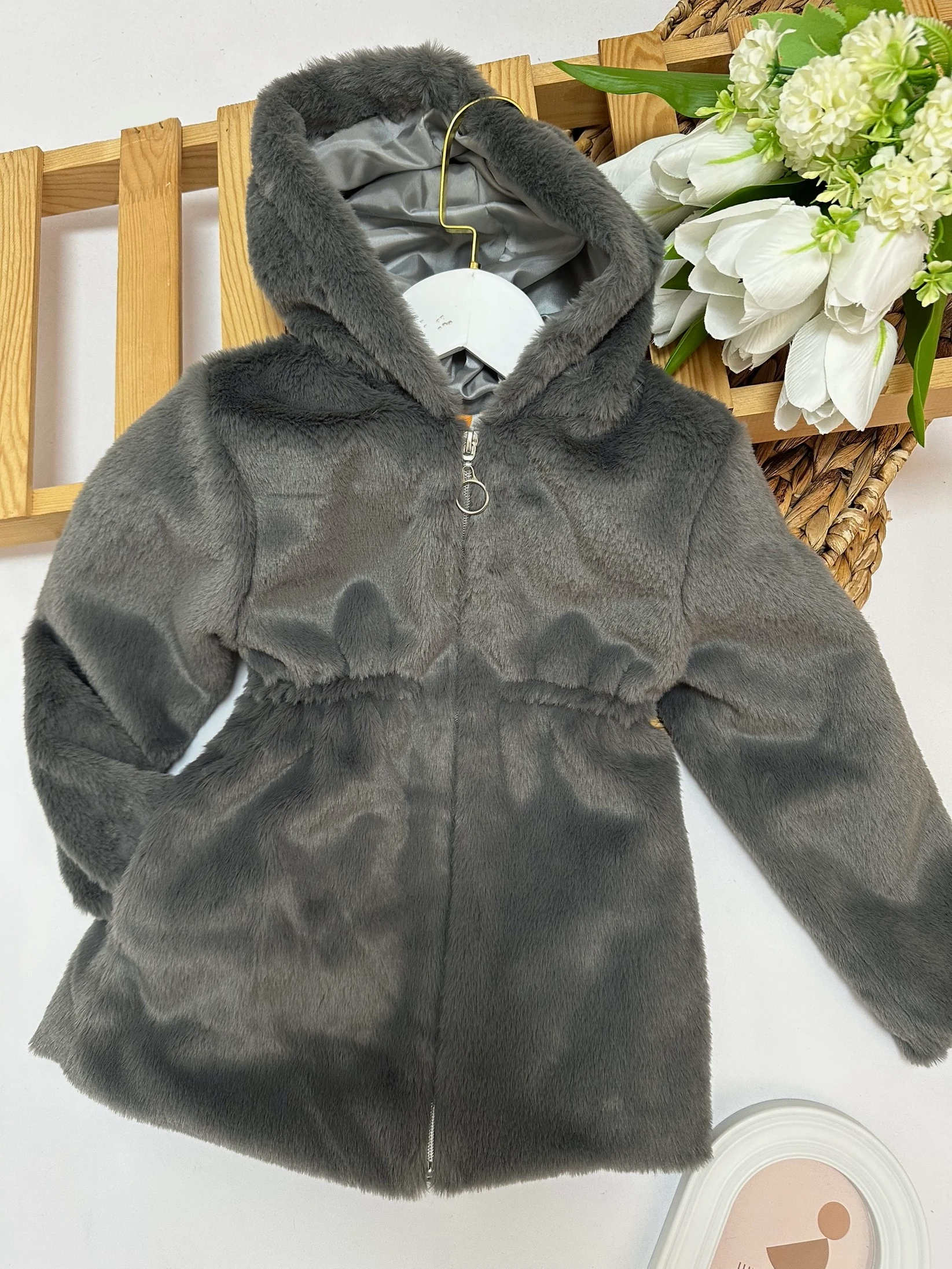 Kız Çocuk Antrasit  Peluş Kürk Mont