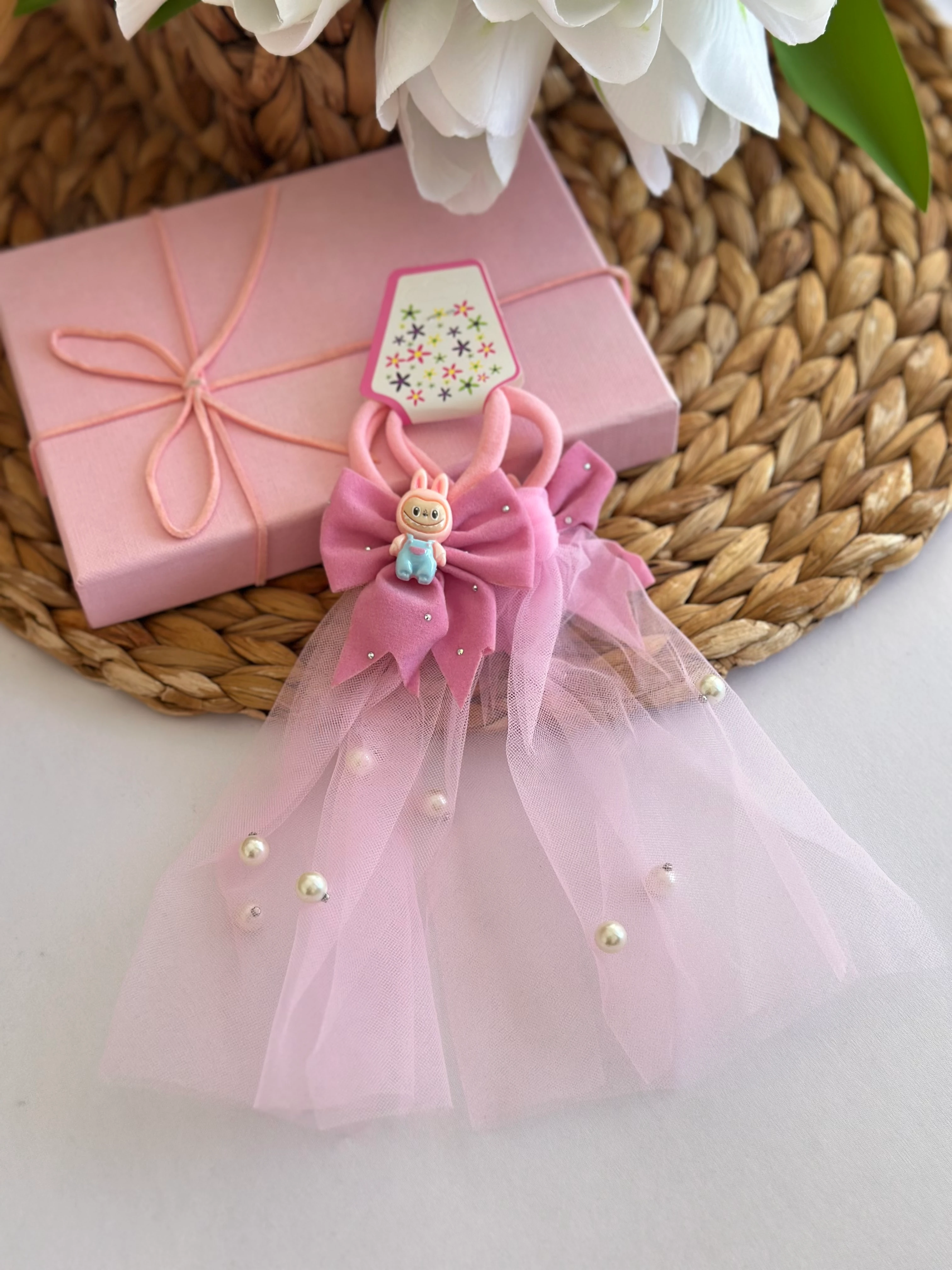 Pembe Labubu Fiyonklu Tüllü 2’li Lastik Toka 