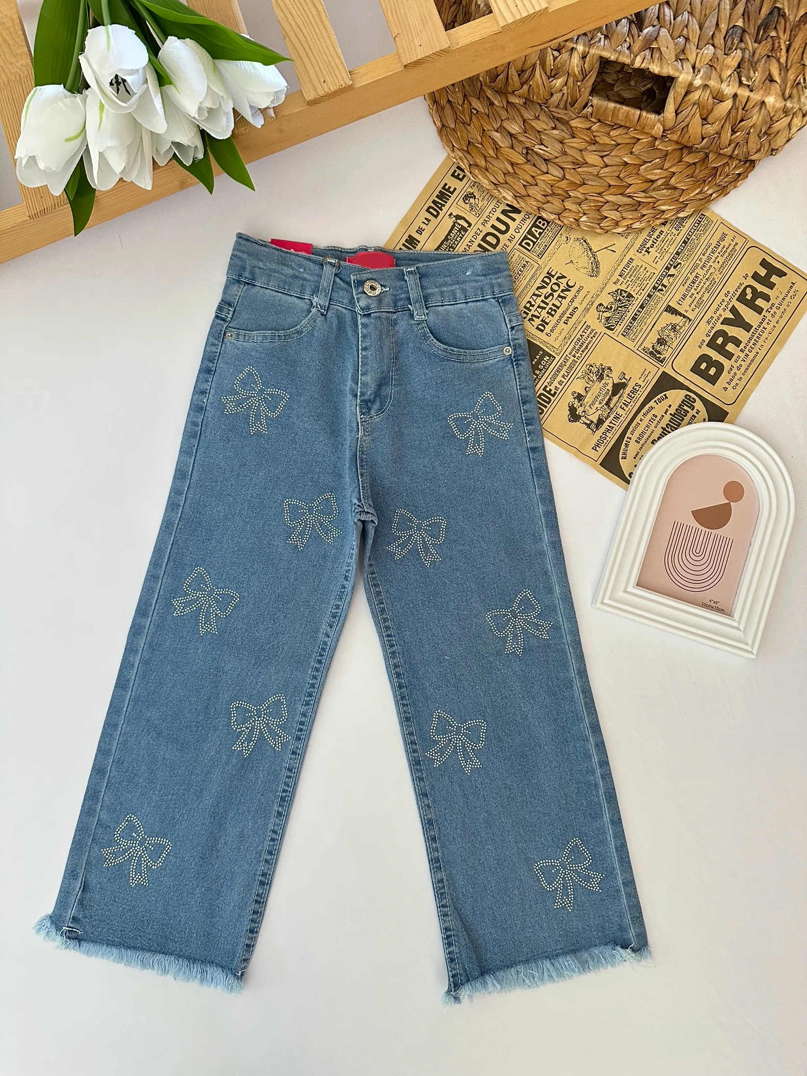 Kız Çocuk Taşlı Fiyonklu Mavi Kot Pantolon