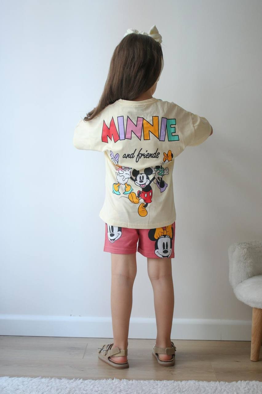 Kız Çocuk Bej Minnie Mouse Şortlu Takım