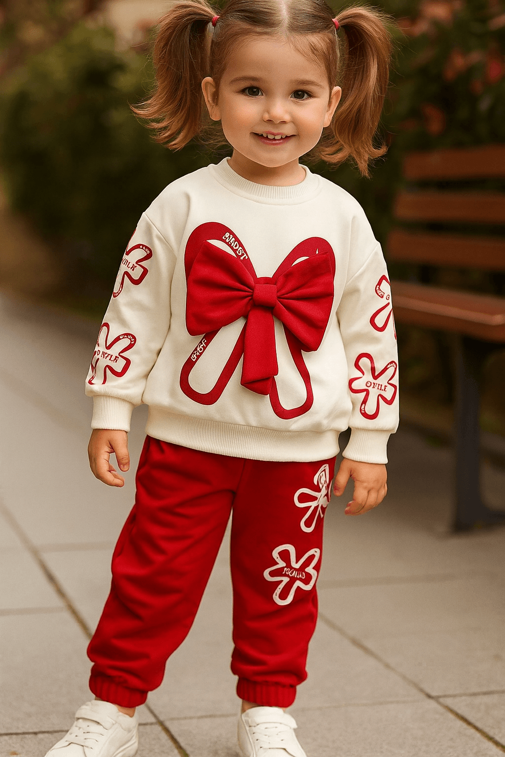 Kız Çocuk Kırmızı Fiyonklu Alt-Üst Takım