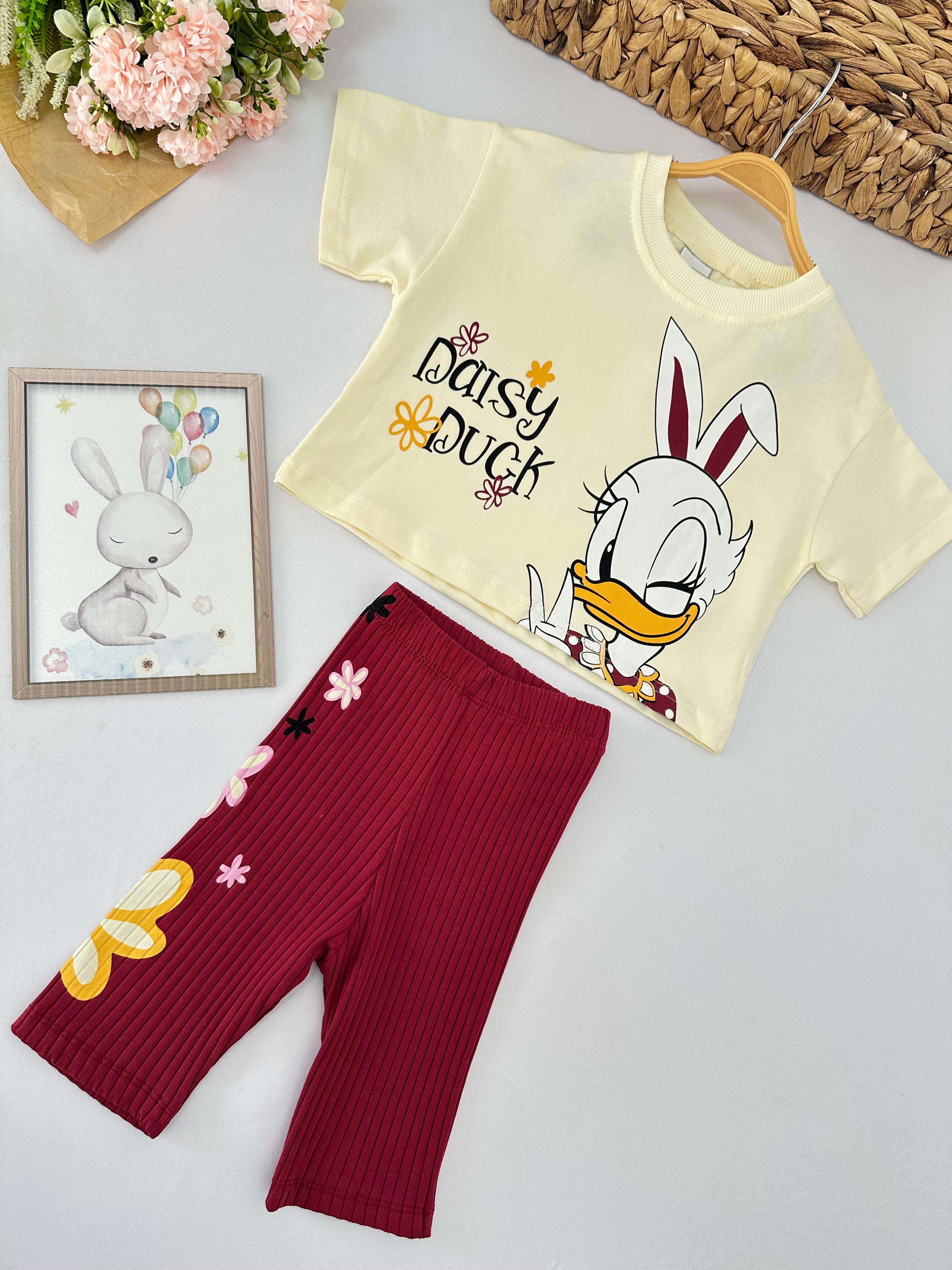 Kız Çocuk Bordo Daisy Duck Şortlu Takım