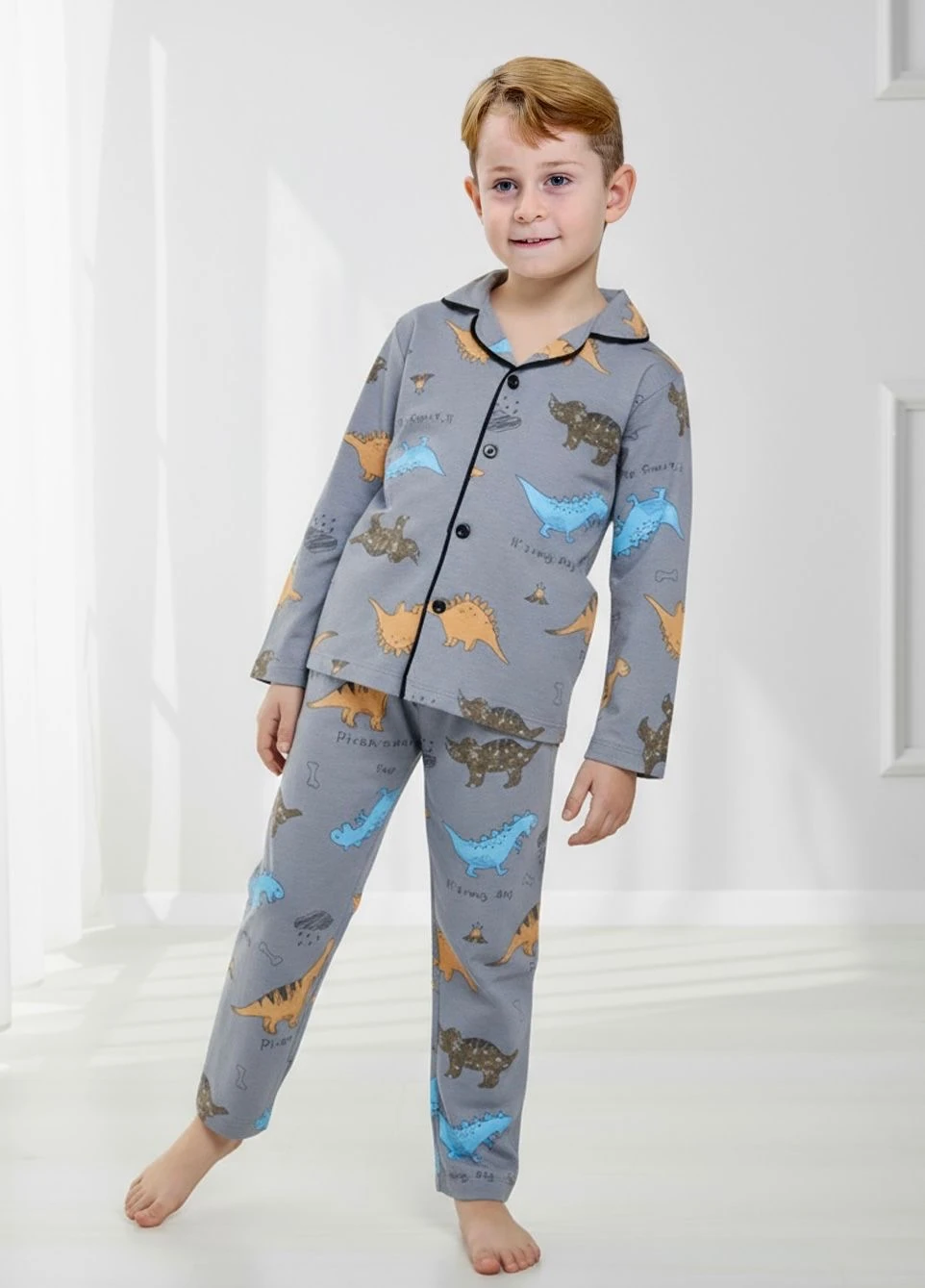 Erkek Çocuk Sarı Dinozor Desenli Alt-Üst Takım