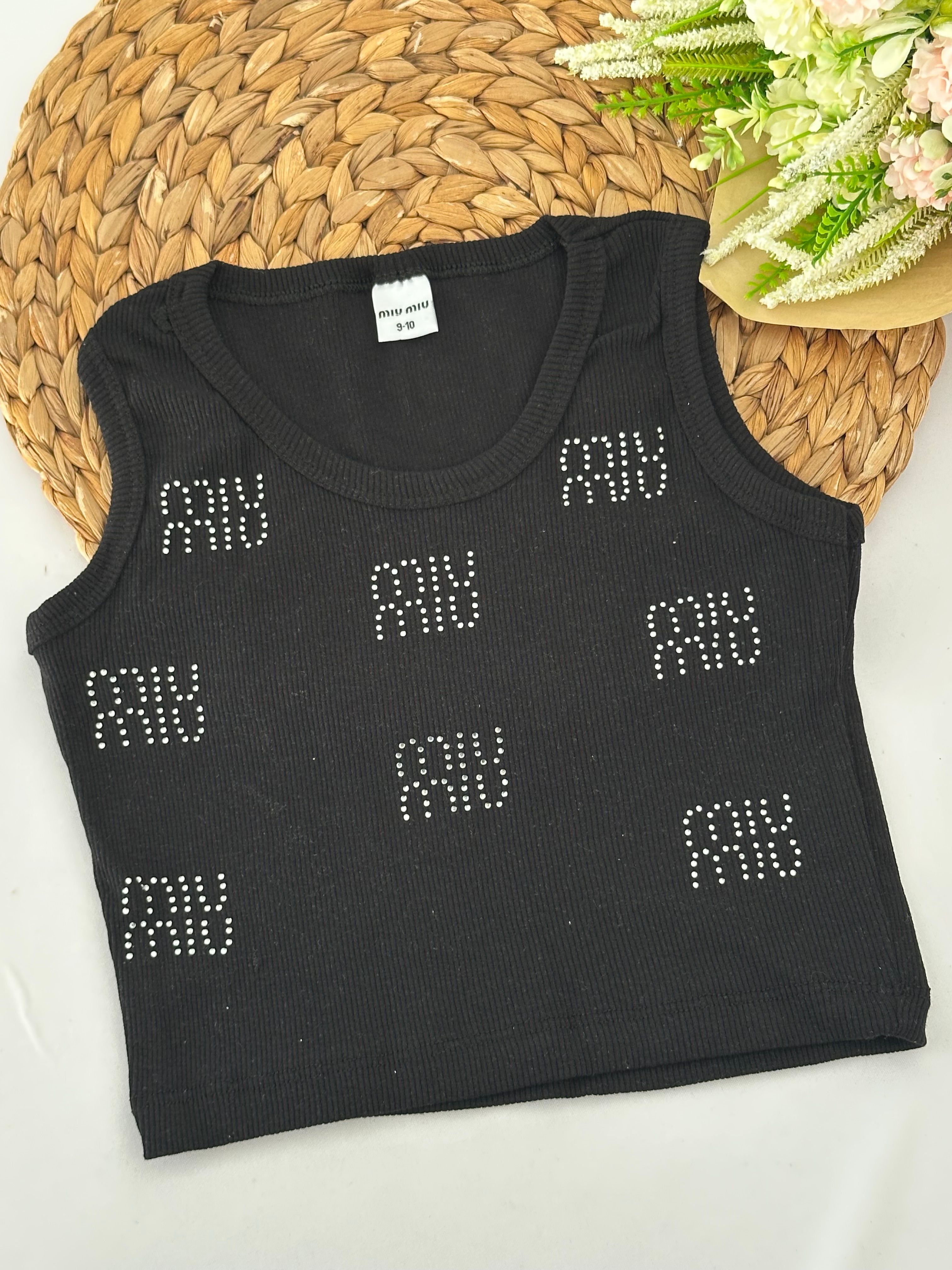 Kız Çocuk Siyah Taşlı Miu Miu Crop