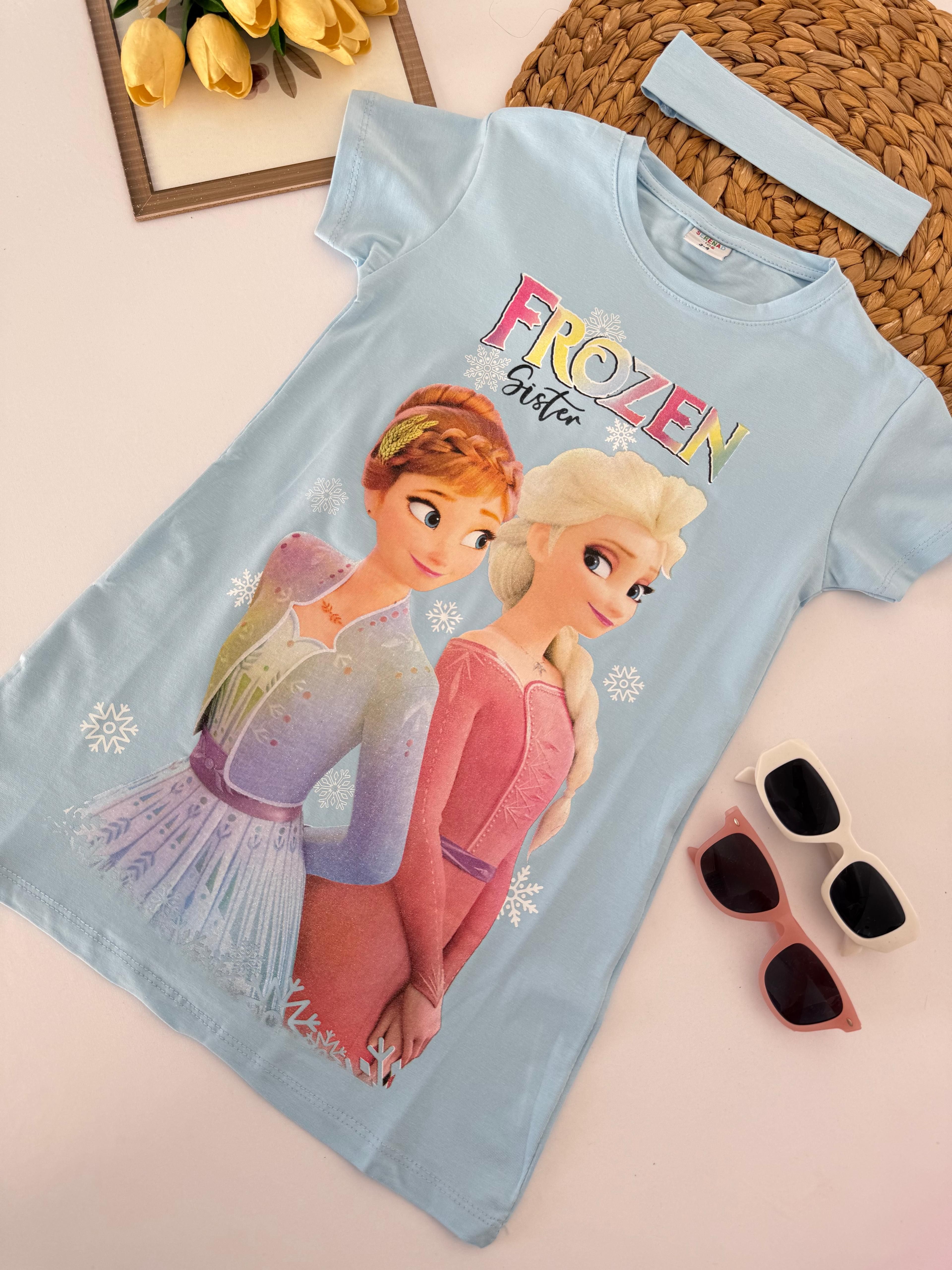Kız Çocuk Mavi Frozen Bandanalı Tunik Elbise