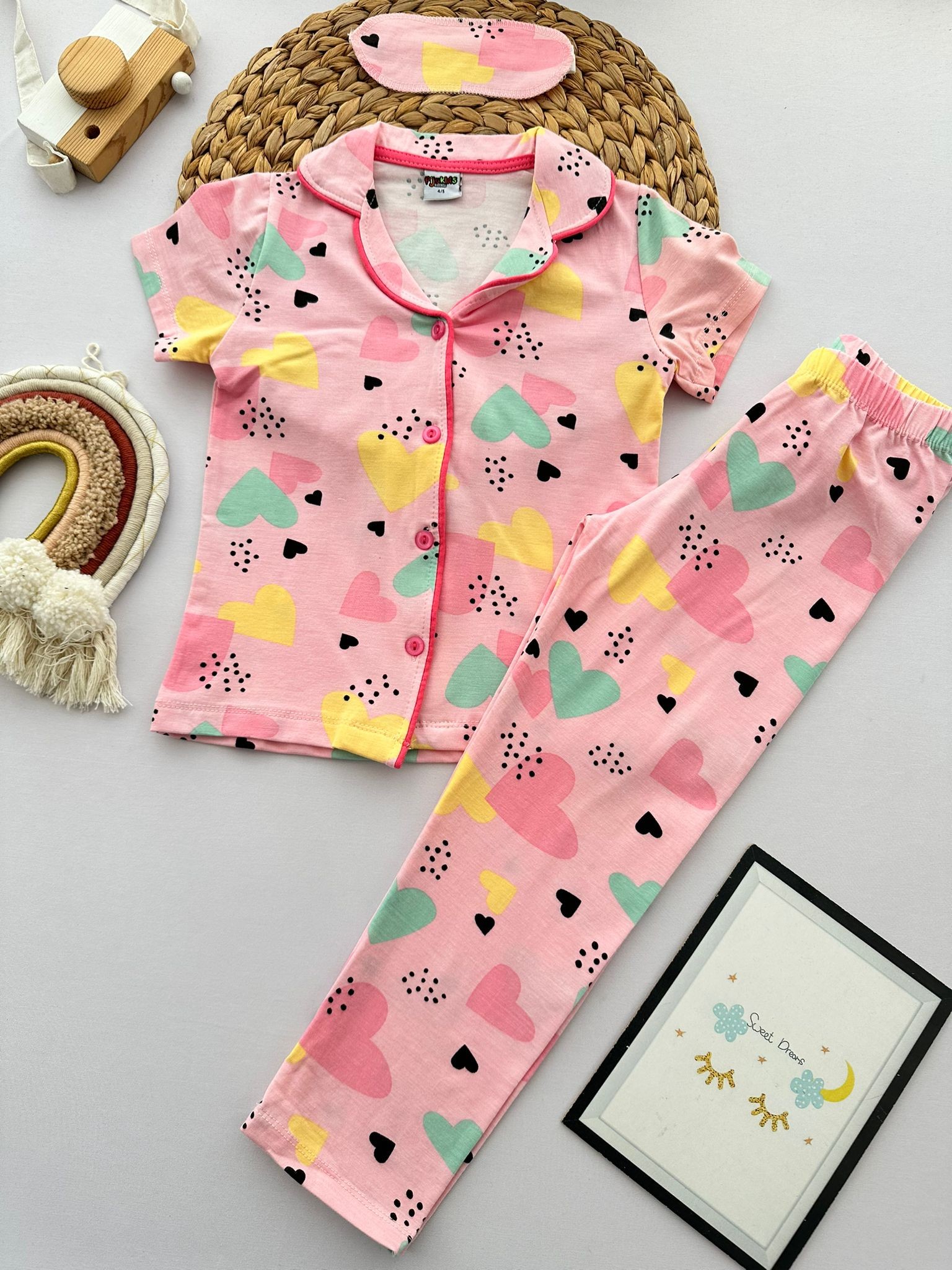 Kız Çocuk Pembe Kalpli 3'Lü Pijama Takım