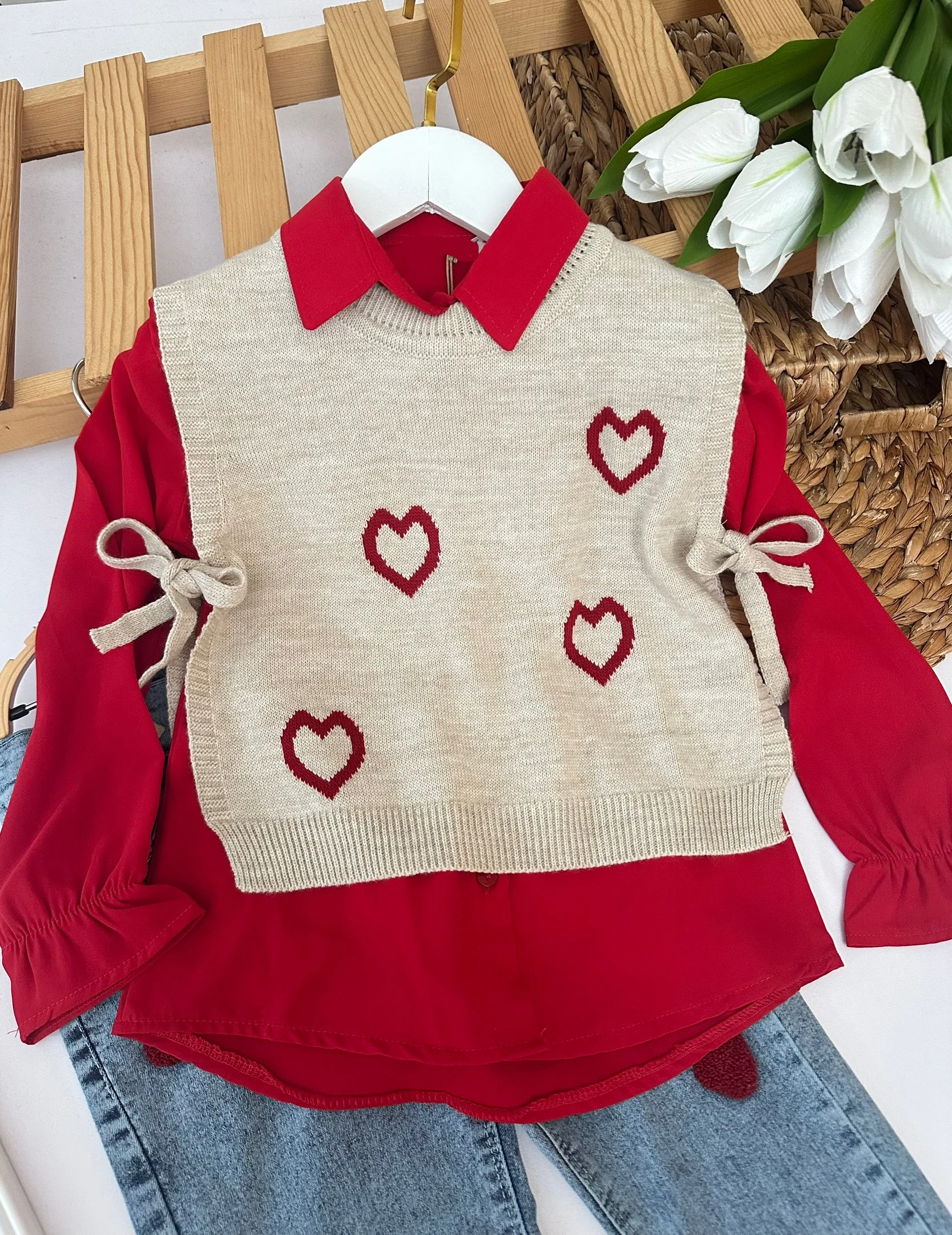 Kız Çocuk Kırmızı Kalp Trikolu 3'lü Takım