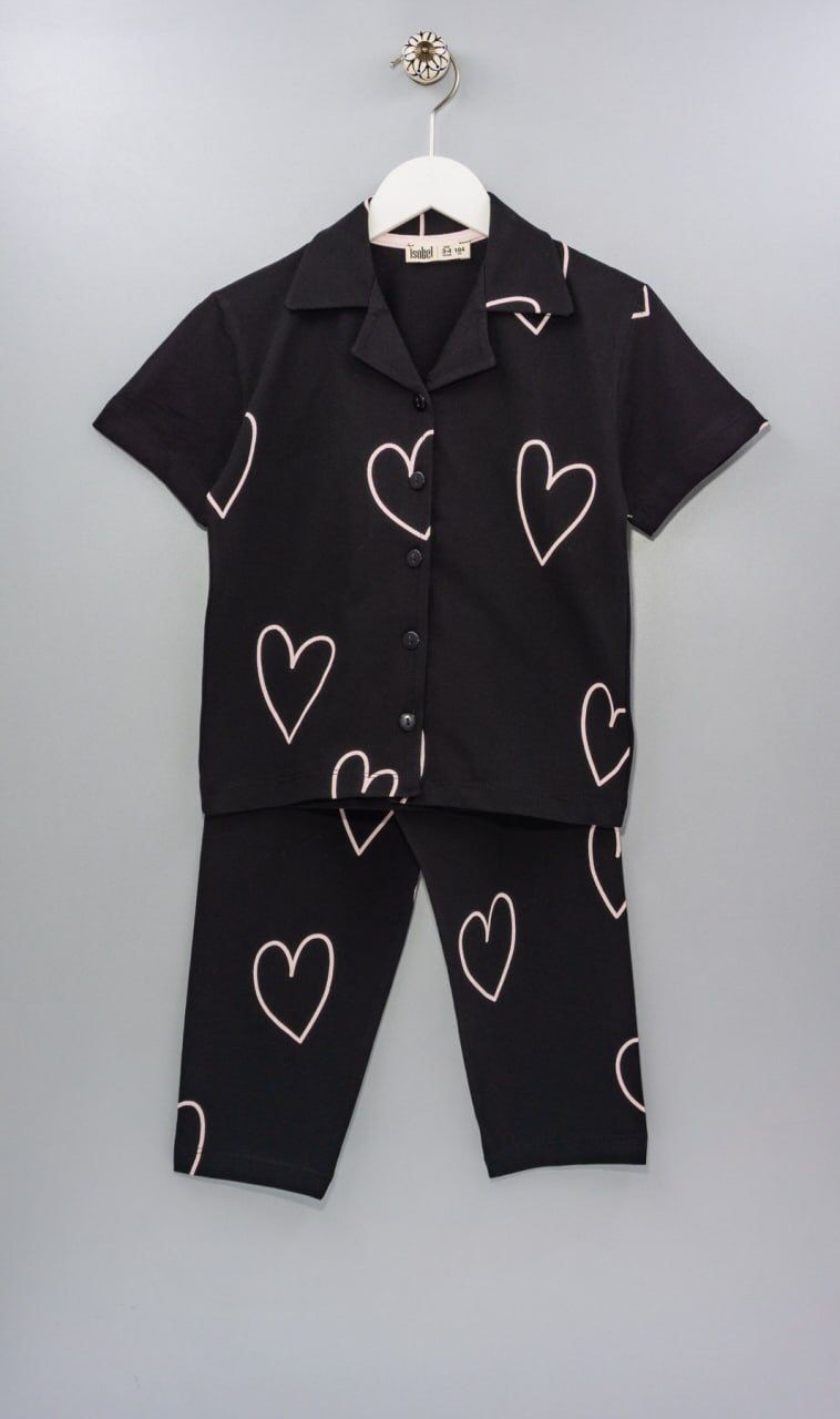 Kız Çocuk Siyah Kalpli Pijama Takım