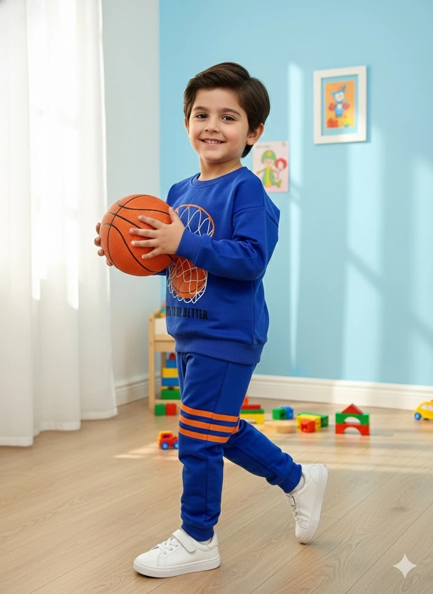 Erkek Çocuk Saks Mavi Basket Baskılı Takım