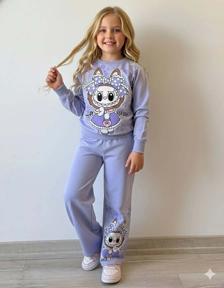Kız Çocuk Lila Labubu Bol Paça Takım