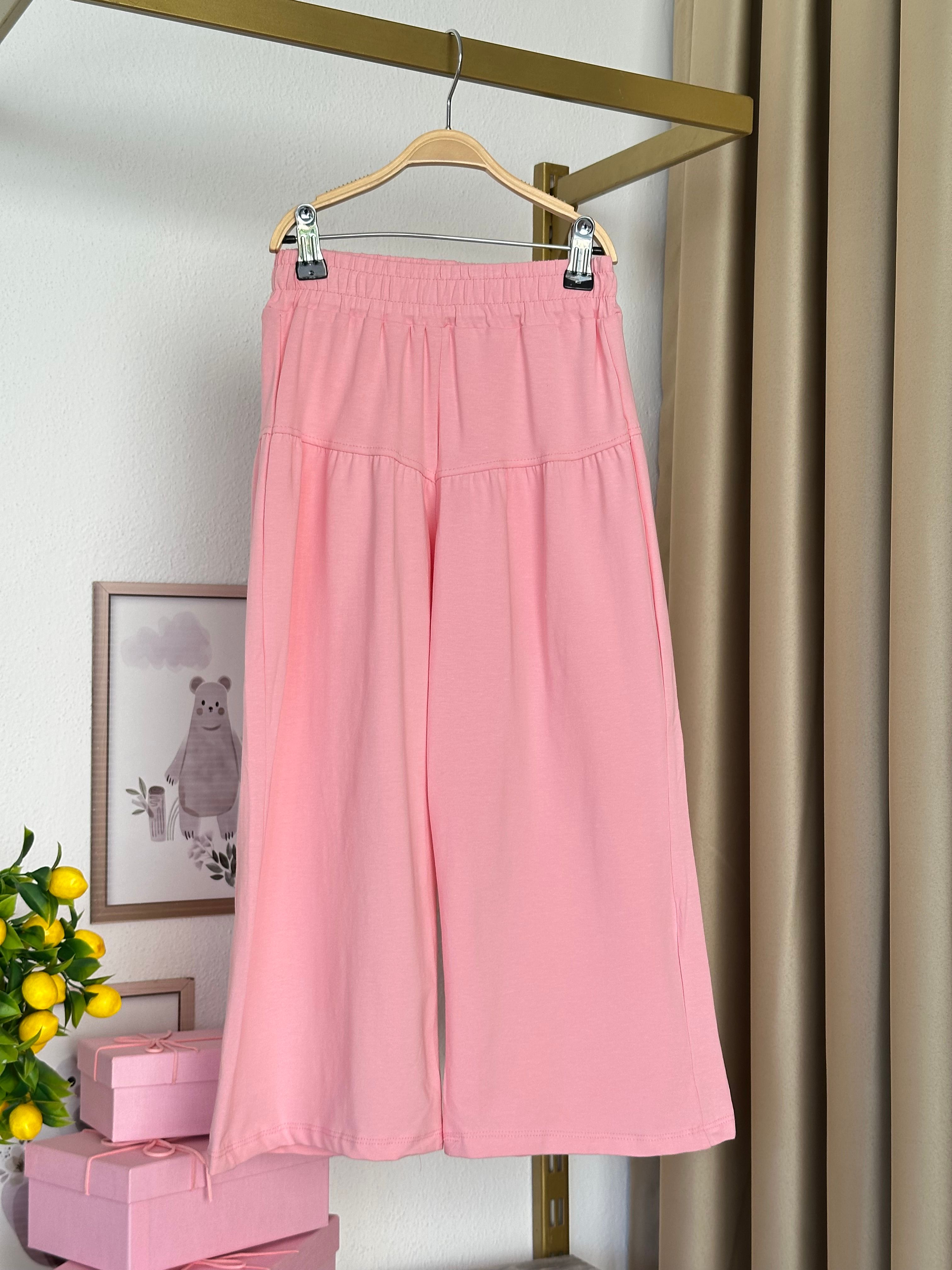 Kız Çocuk Toz Pembe Zambak Çiçekli Geniş Paçalı Takım