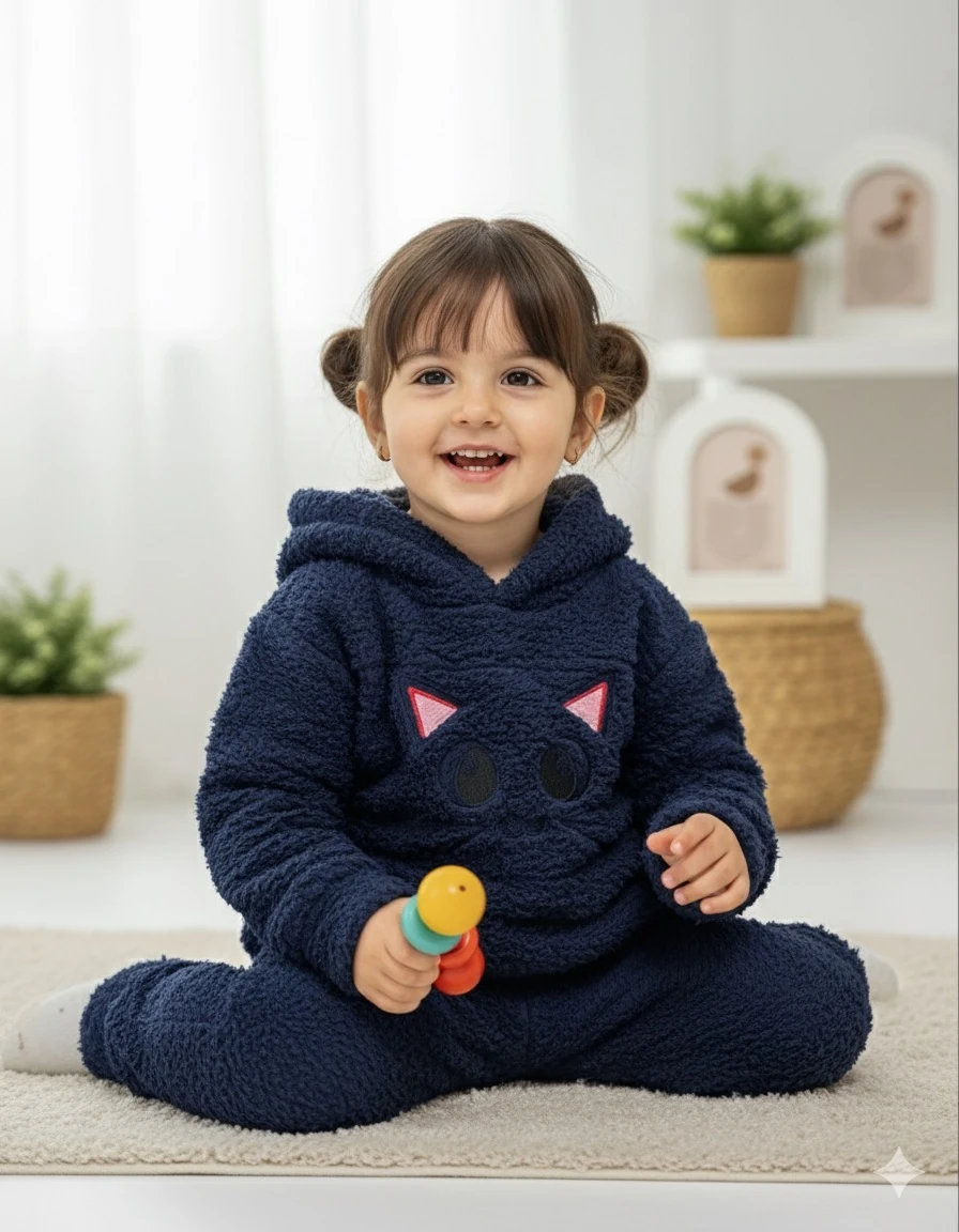 Kız Çocuk Lacivert Kedili Peluş Takım