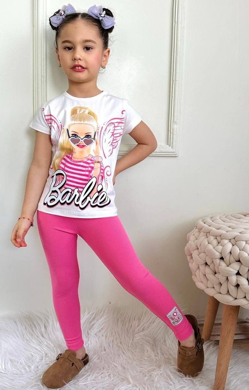 Kız Çocuk Fuşya Barbie Tişört Tayt Takım