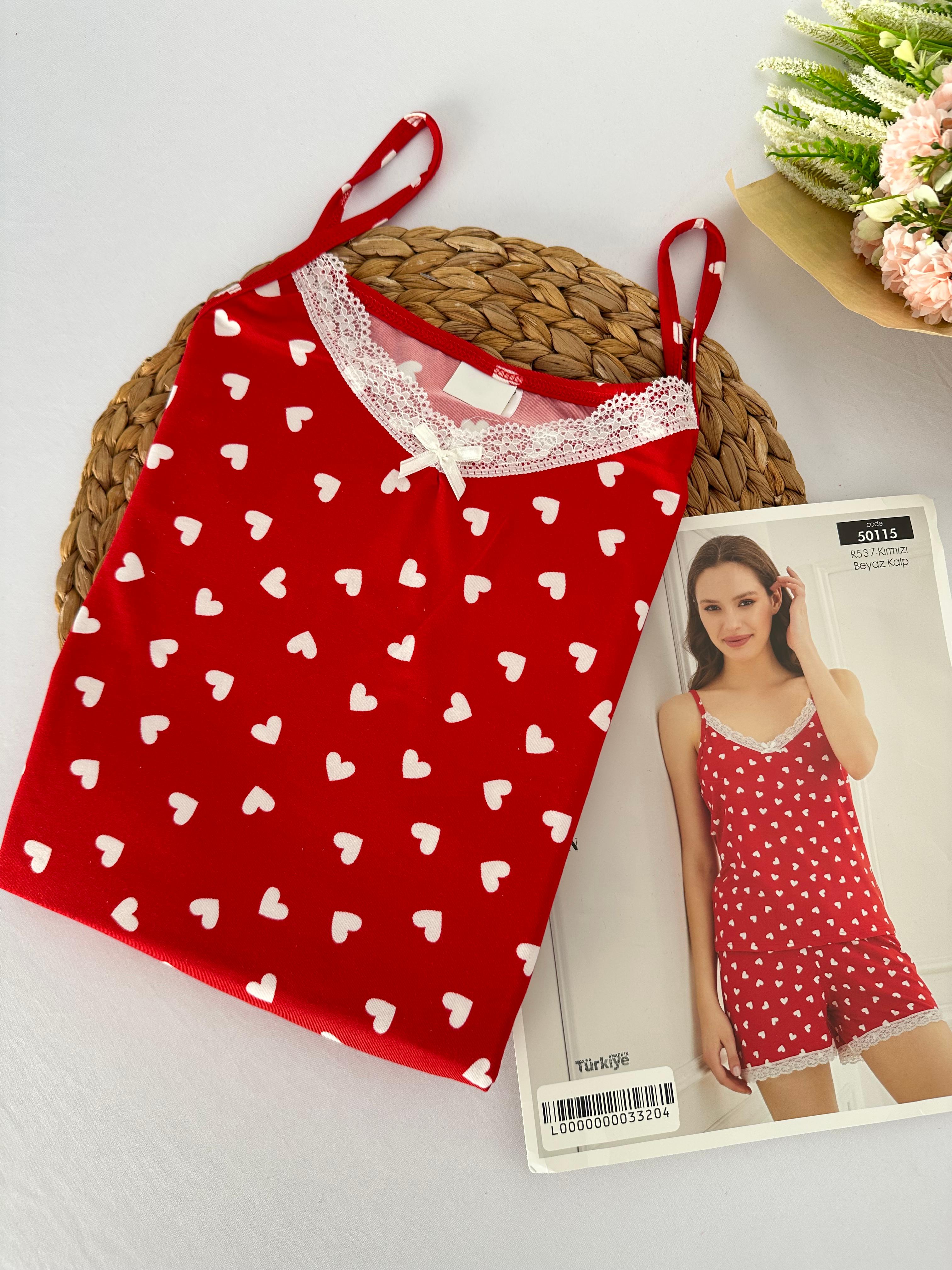 Kırmızı Kalpli Dantelli Kadın Pijama Takımı 