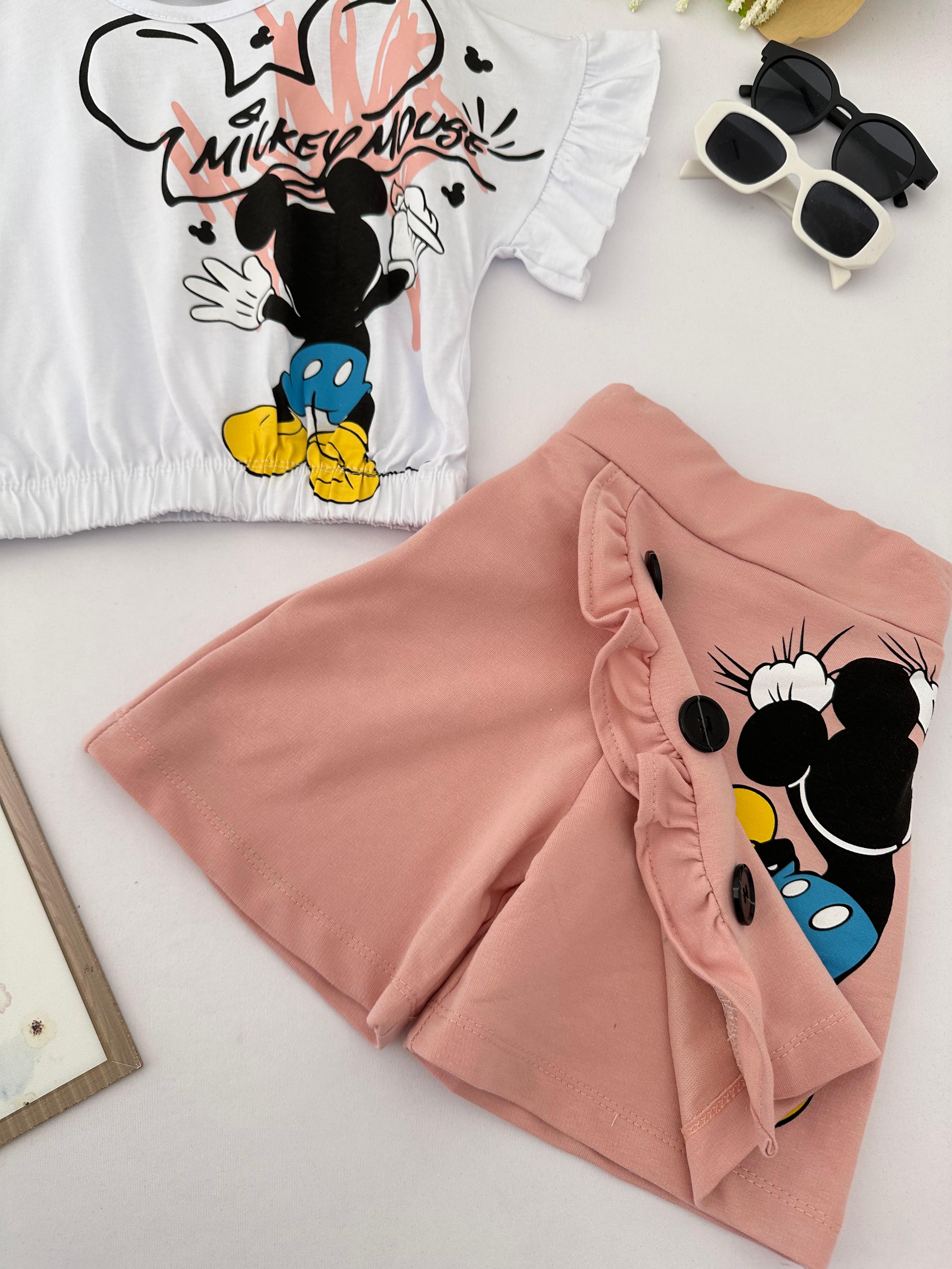 Kız Çocuk Pudra Mickey Mouse Şort Etekli Crop Takım
