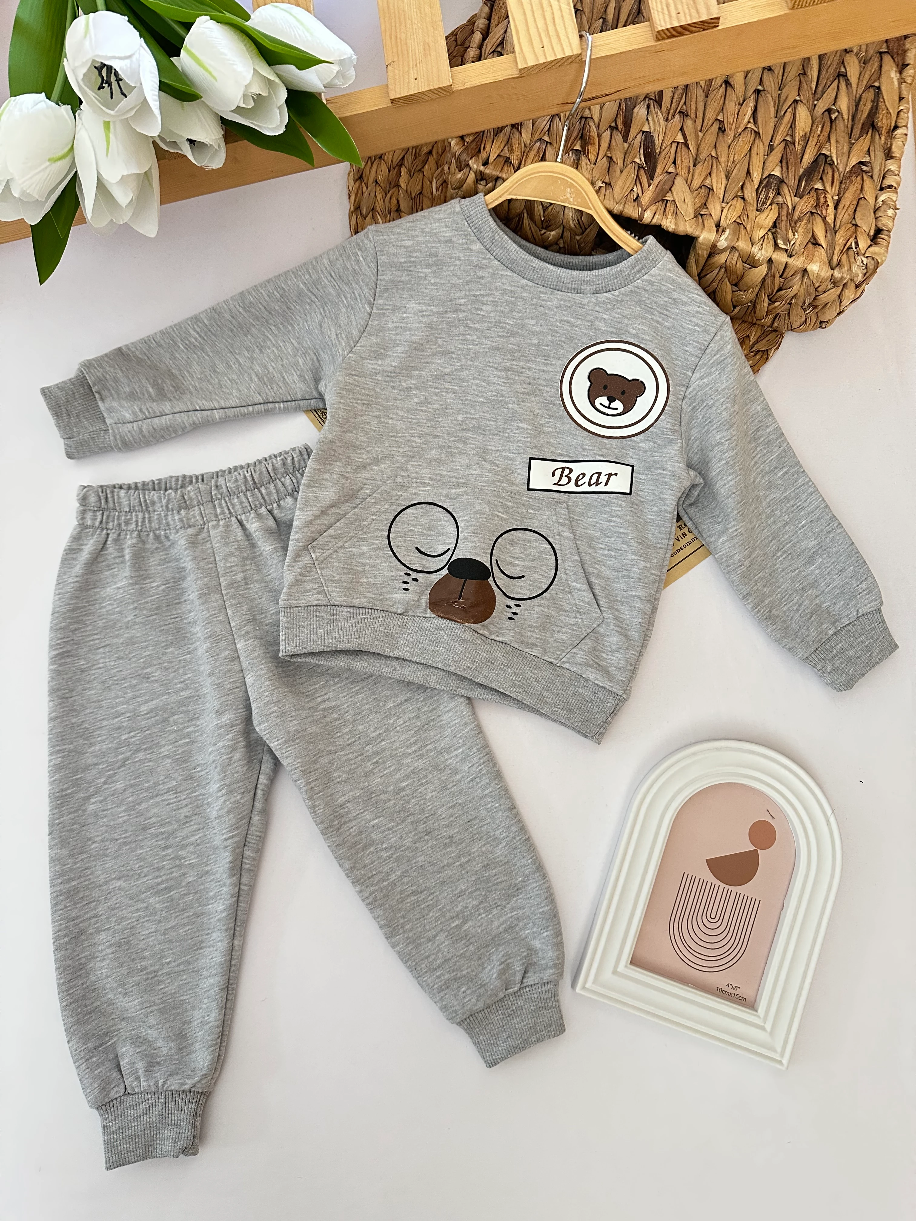 Unisex Gri Ayıcık Baskılı Takım