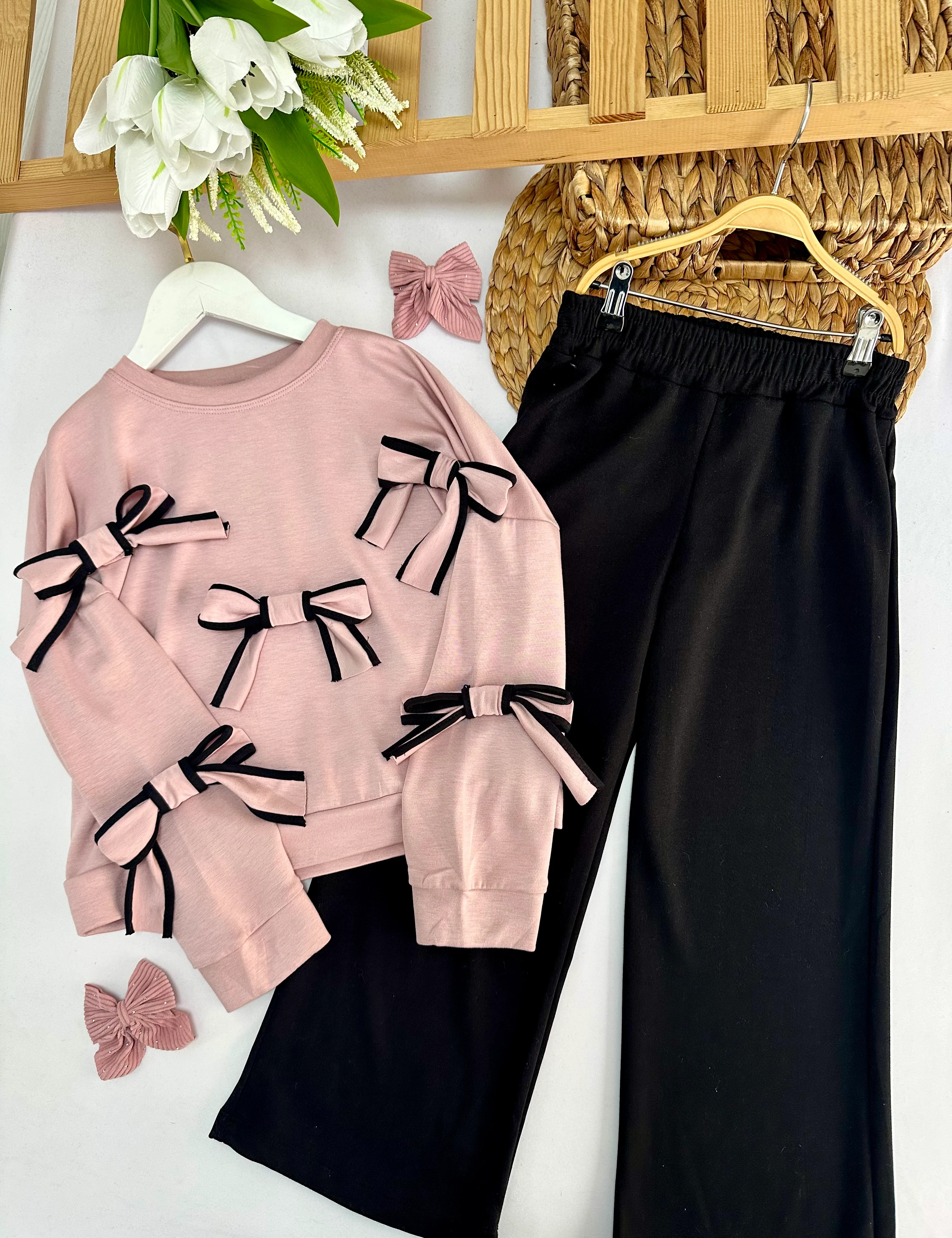 Kız Çocuk Pudra Kurdeleli Alt-Üst Takım