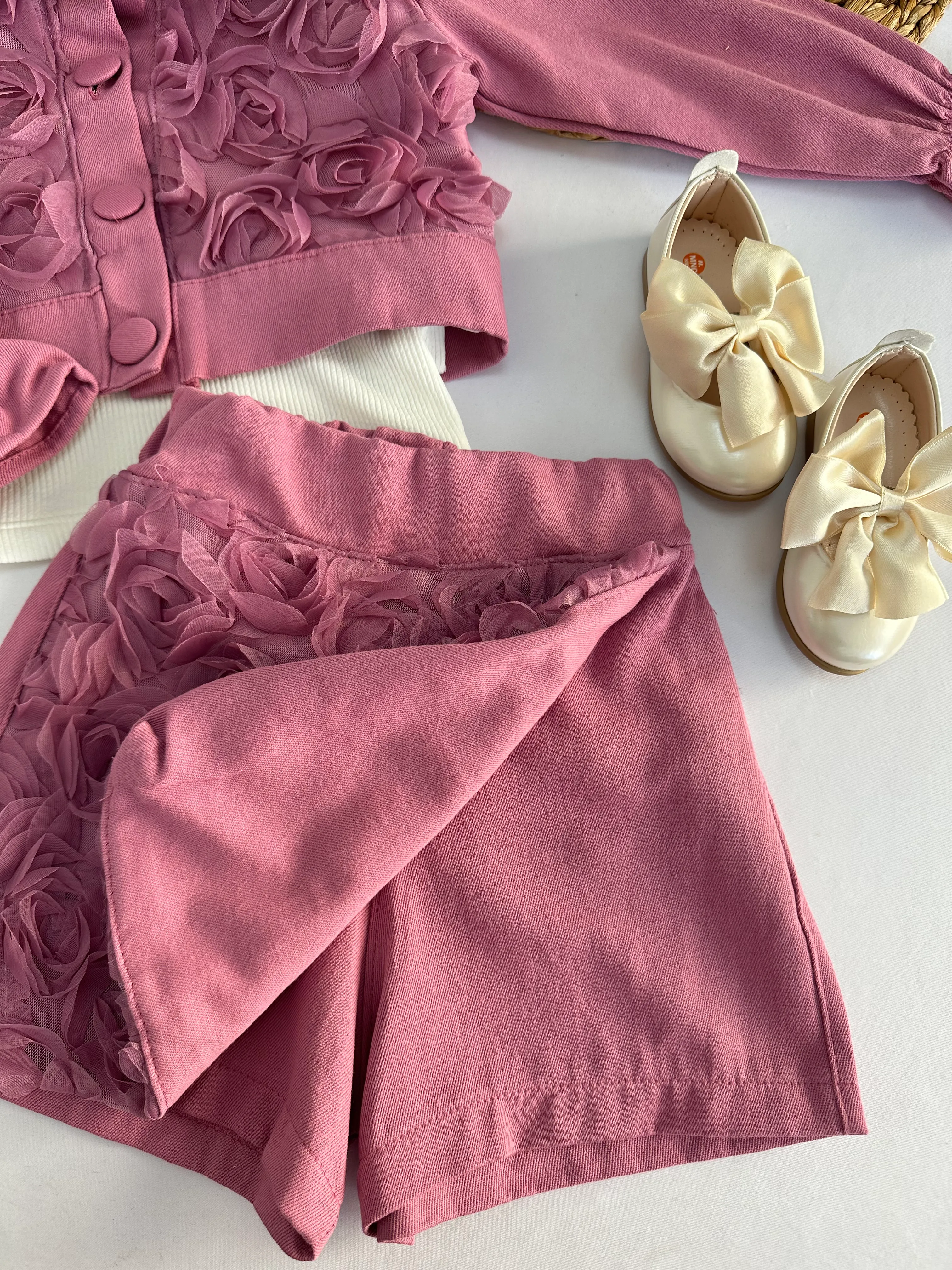 Kız Çocuk Gül Kurusu Gül İşlemeli Şort Etekli 3'lü Takım