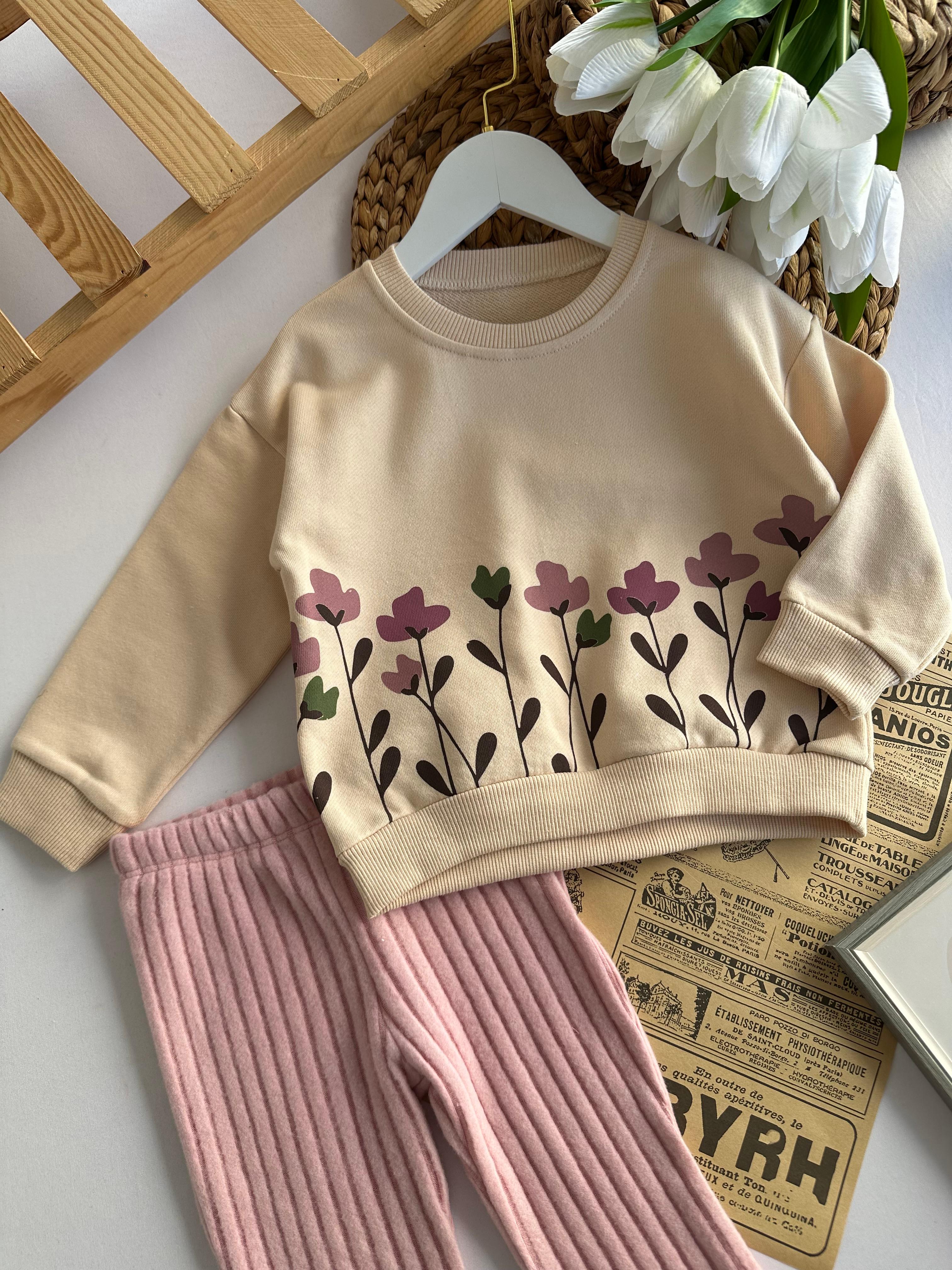 Kız Çocuk Pembe Çiçek Desenli Polar Taytlı Takım