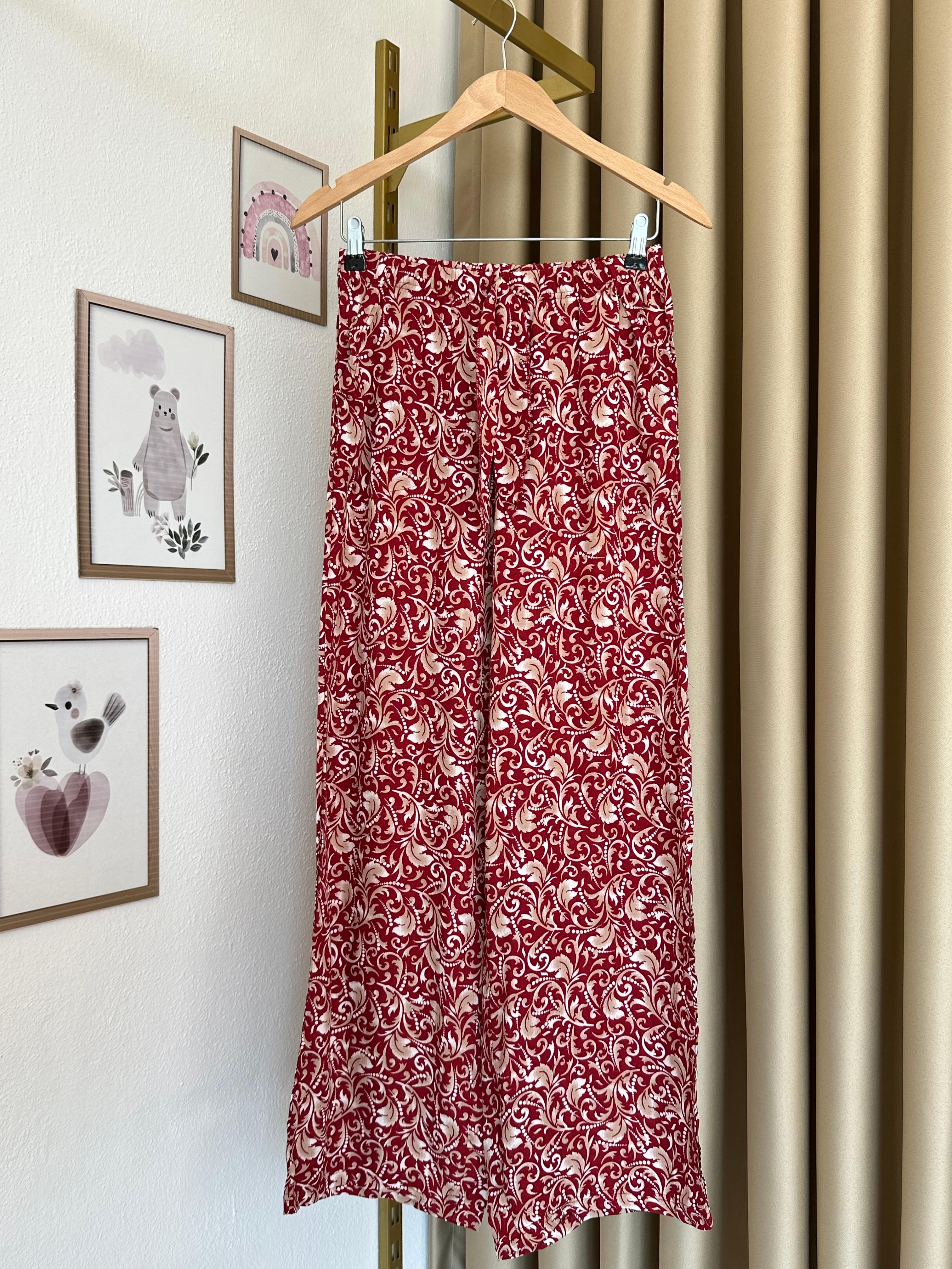 Bordo Desenli Cepli Tek Alt Pantolon