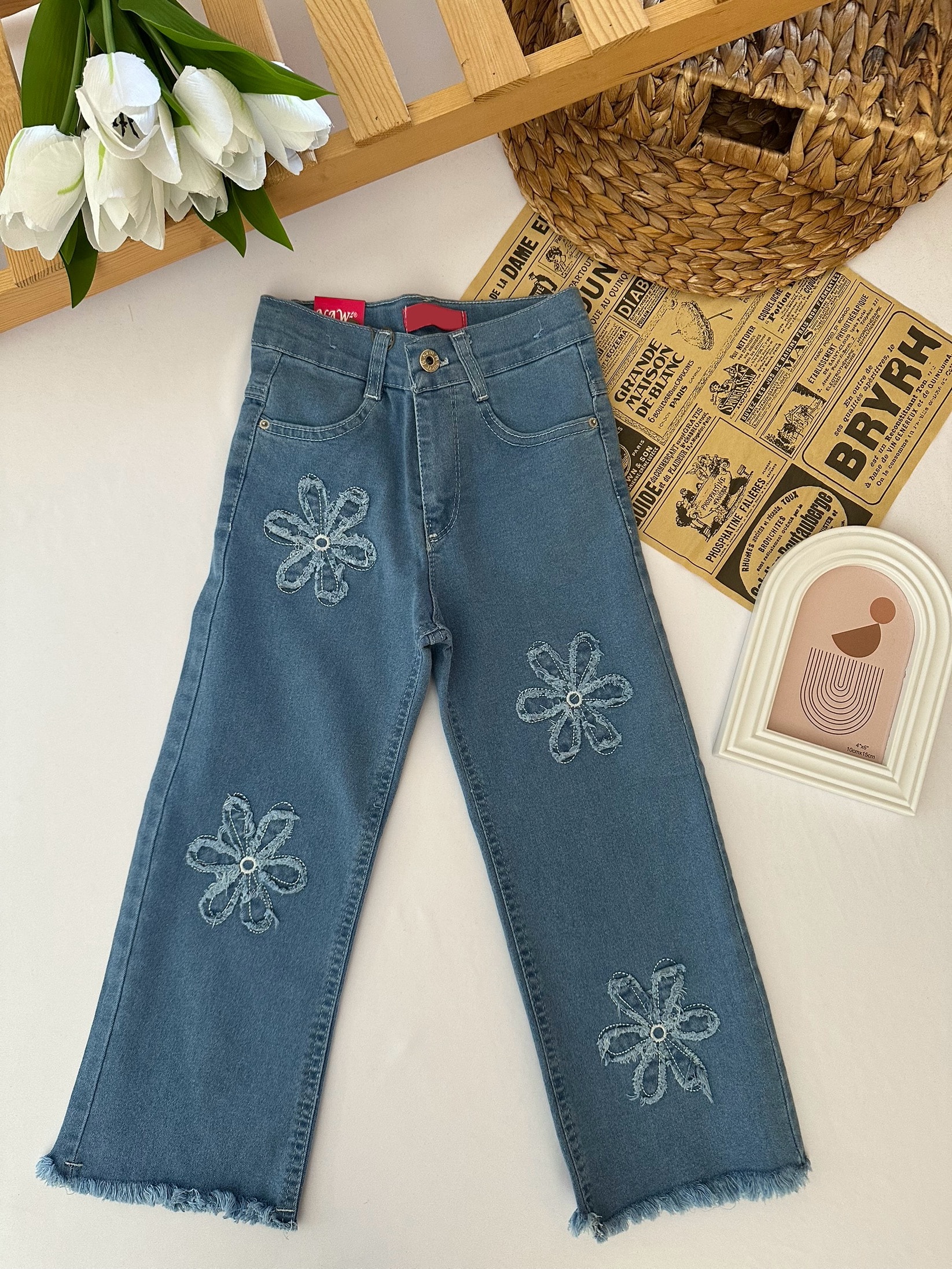 Kız Çocuk Papatya Desenli Mavi Kot Pantolon