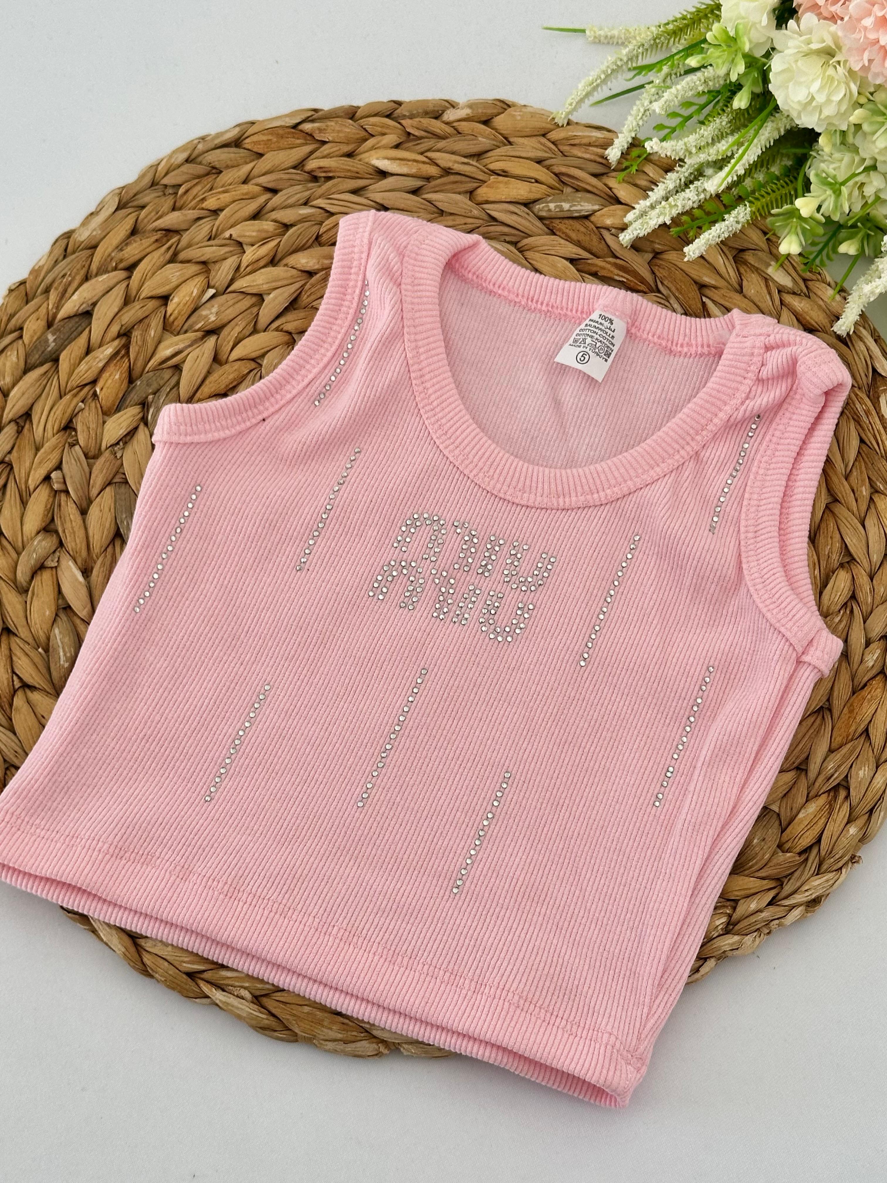 Kız Çocuk Pembe Miu Miu Taşlı Crop