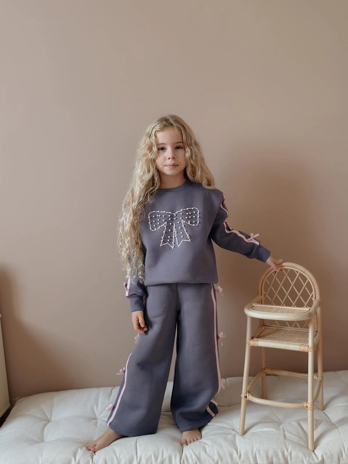 Kız Çocuk Mürdüm İnci Fiyonklu 2’li Takım