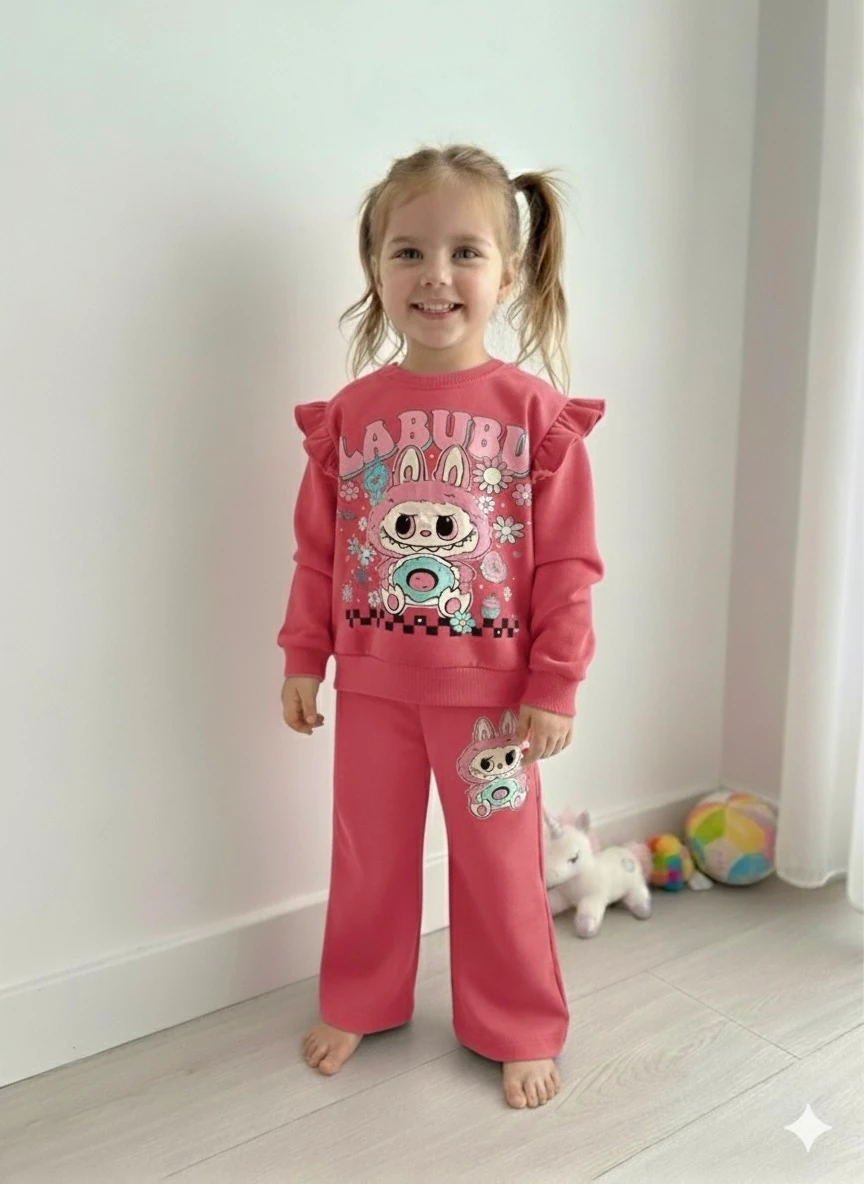 Kız Çocuk Pembe  Labubu Baskılı 2’li Takım