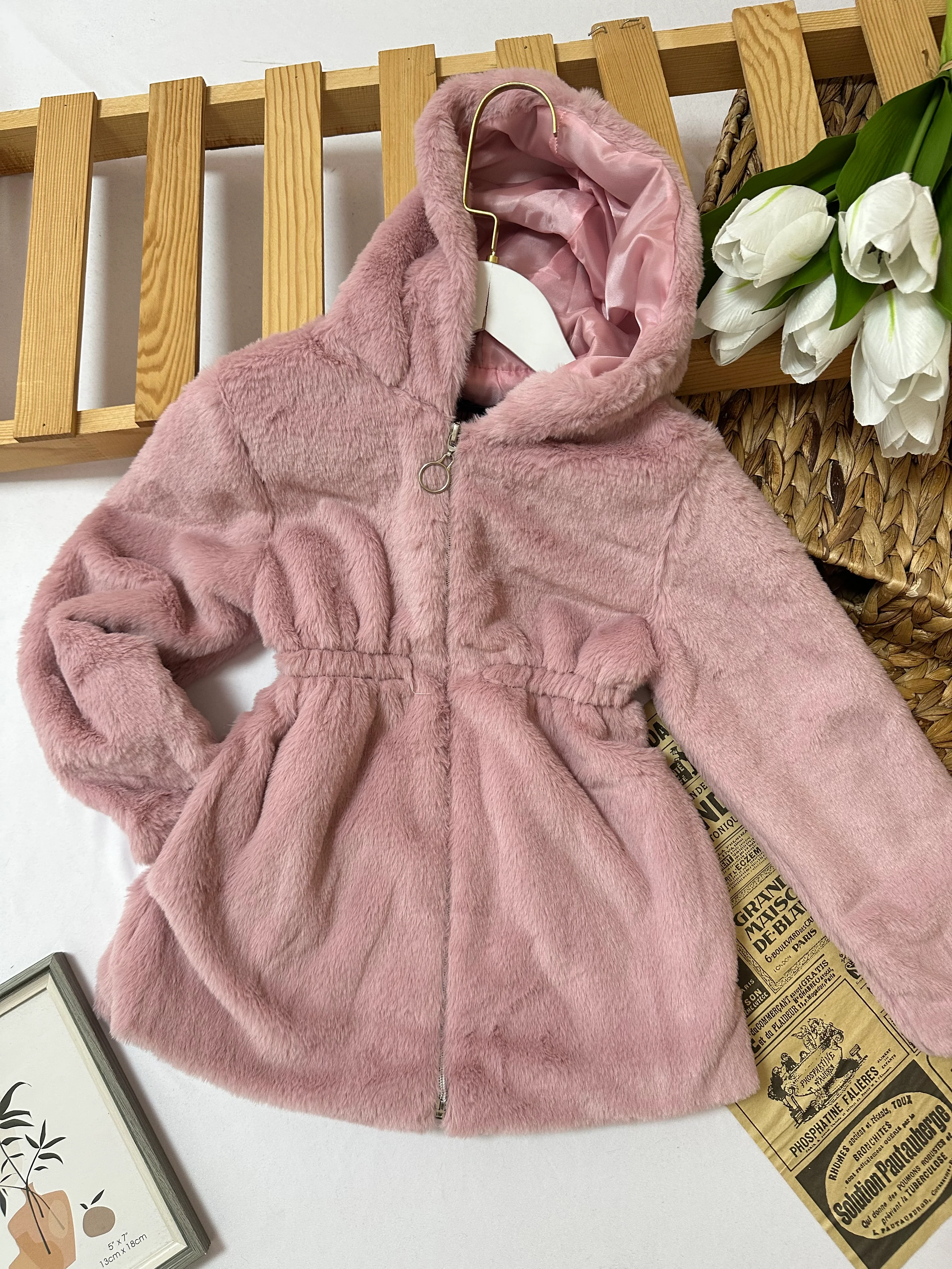 Kız Çocuk Gül Kurusu Peluş Kürk Mont