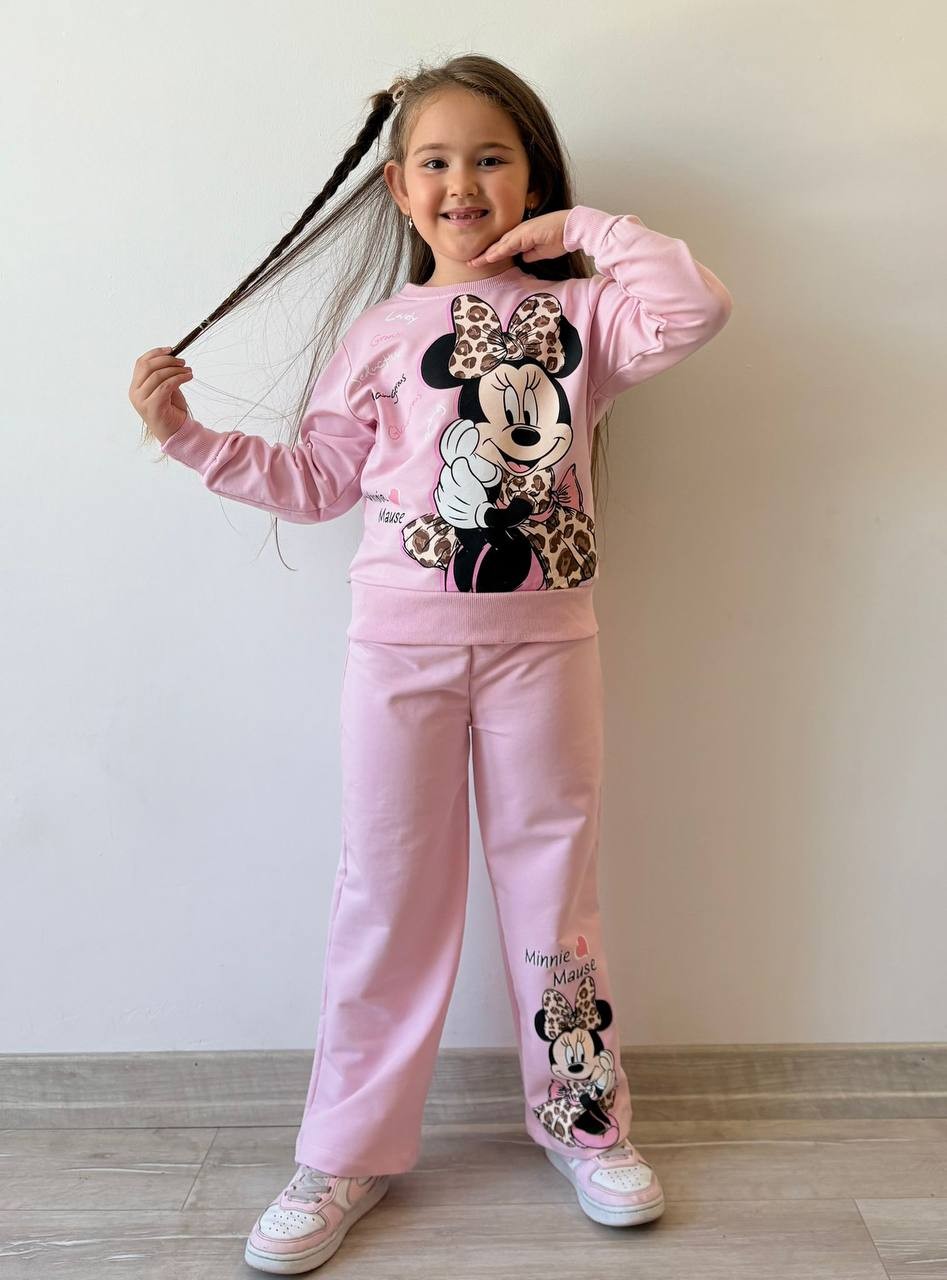 Kız Çocuk Pembe Minnie Leoparlı Bol Paça 2'li Takım
