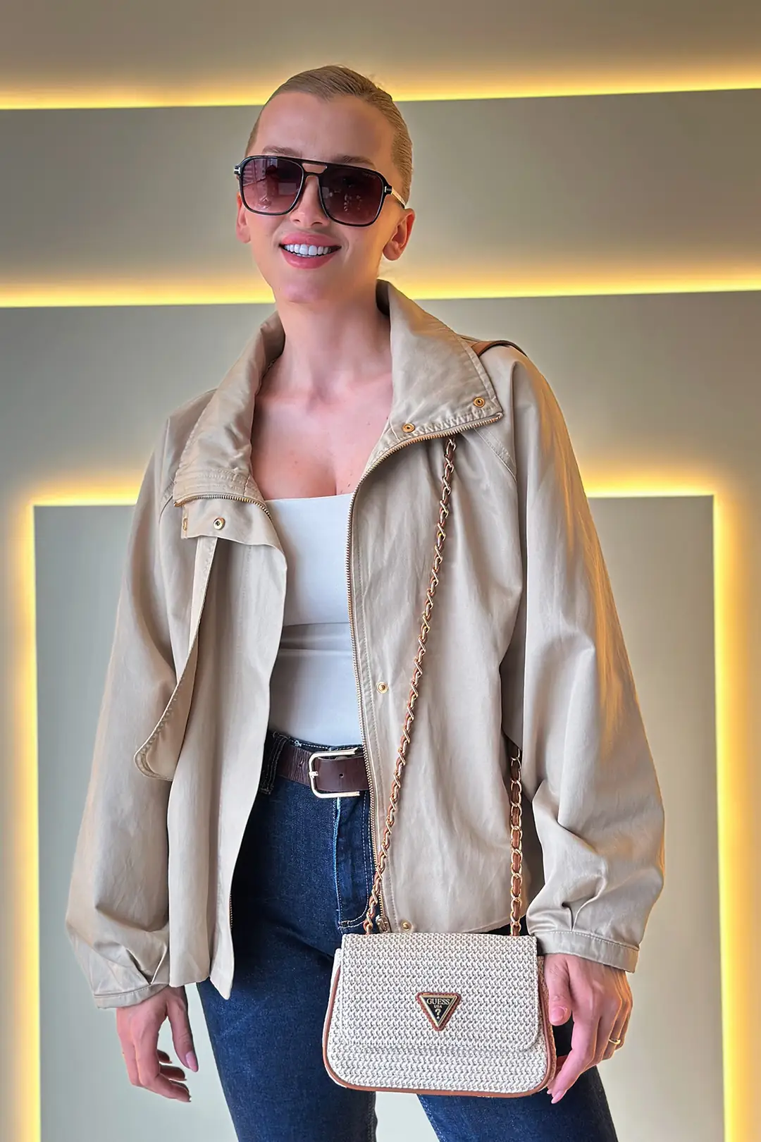 GSS - Rhinestone Beyaz Taba Çanta