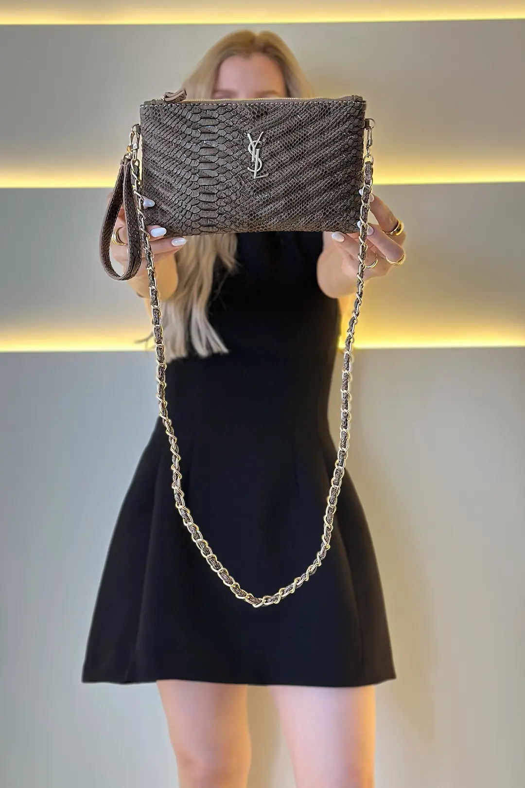 Yves SL - Mini Clutch Kahve Deri Detay