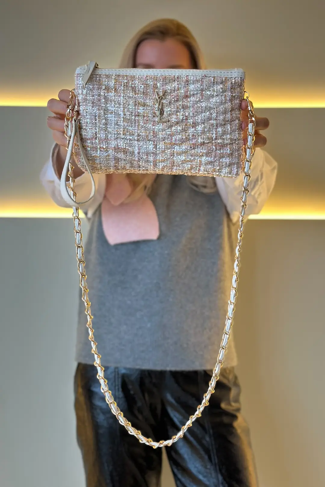 YSL - Clutch Dokuma Krem Çanta
