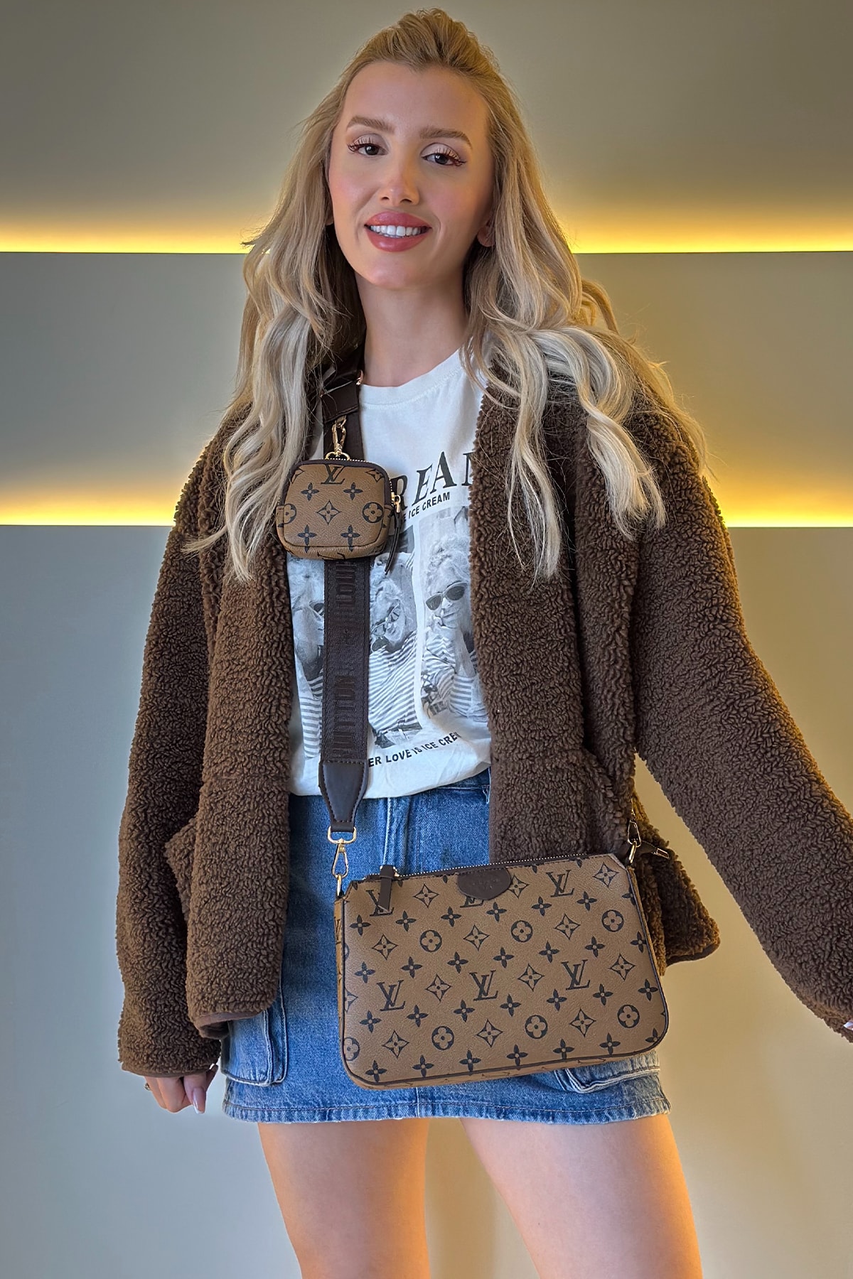 LV - Big Pochette Açık Kahve Dama Detay Çanta