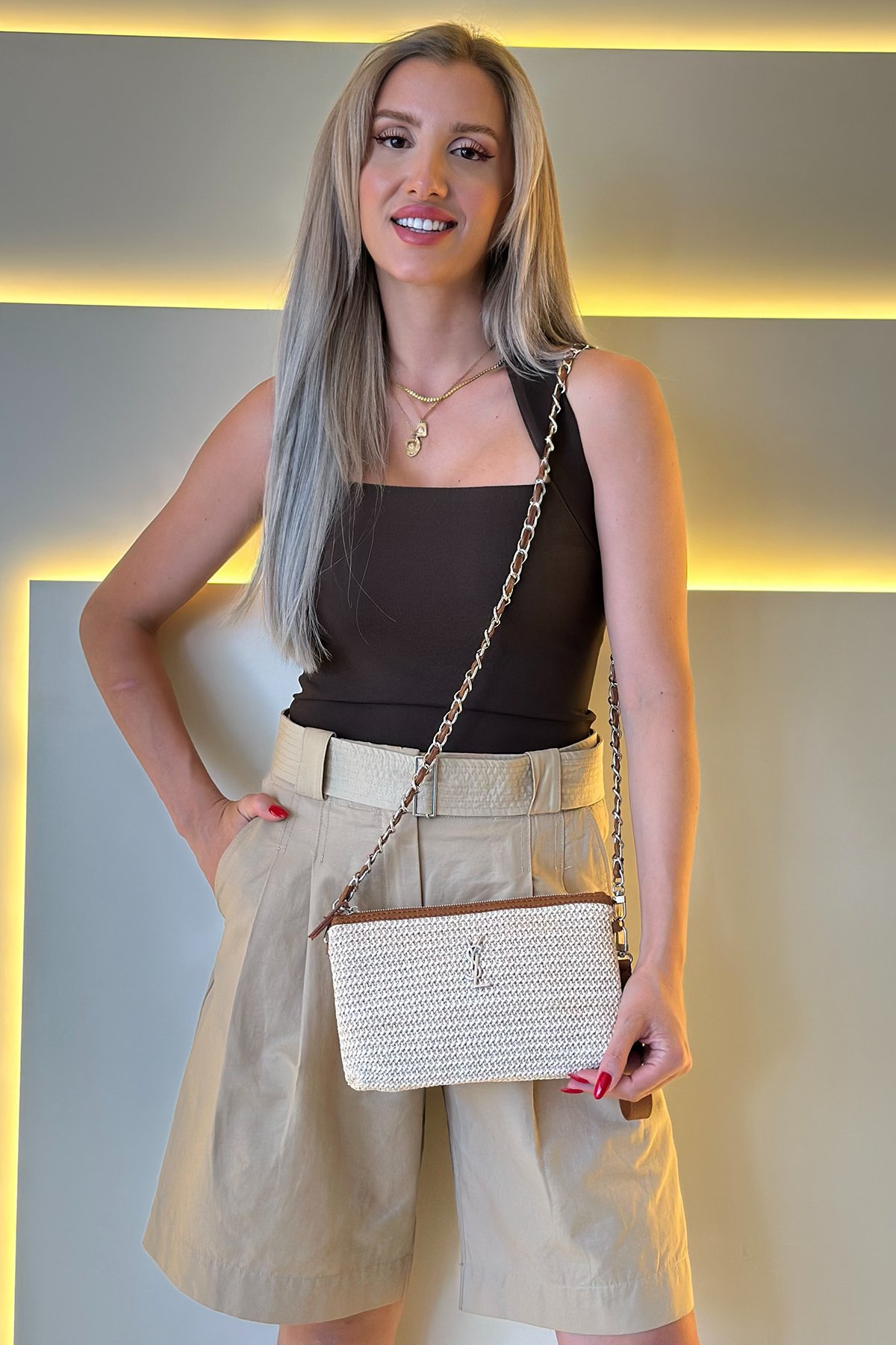 Yves Sl - Clutch Beyaz Gümüş Zincir Gümüş Logo Kahve Detay