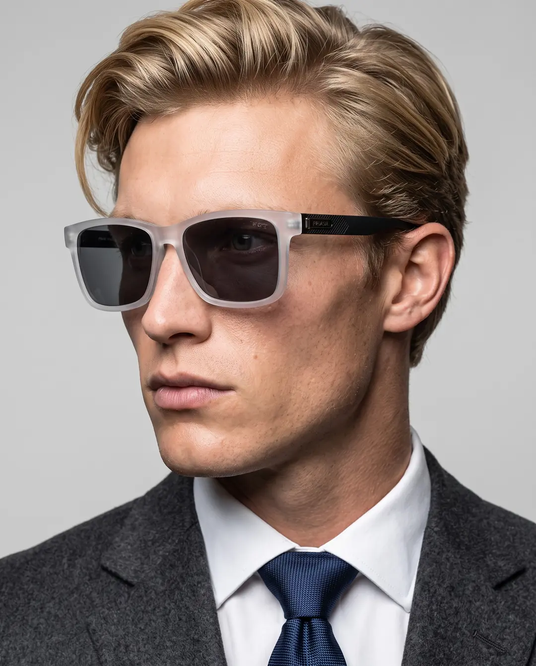 Prada Mat Beyaz Kemik Çerçeve Polarize Erkek Güneş Gözlüğü G4788-DB Füme