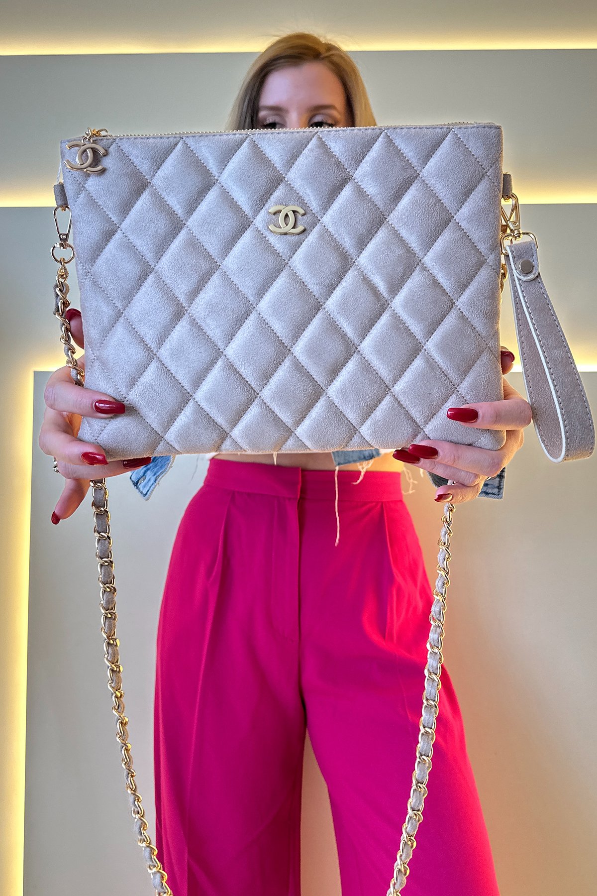 Chnl - Clutch Krem Süet