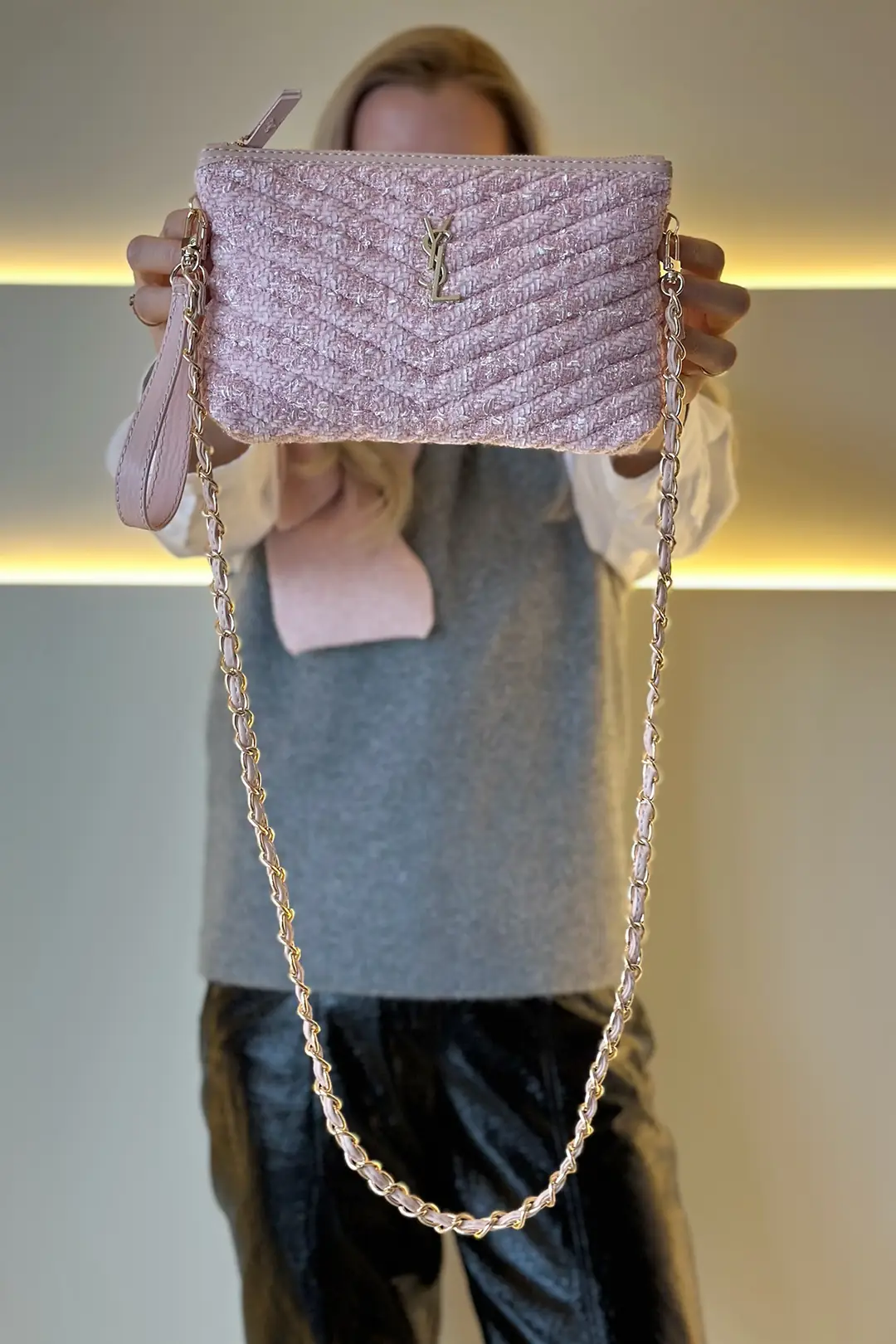 YSL - Clutch Dokuma Pembe Çanta