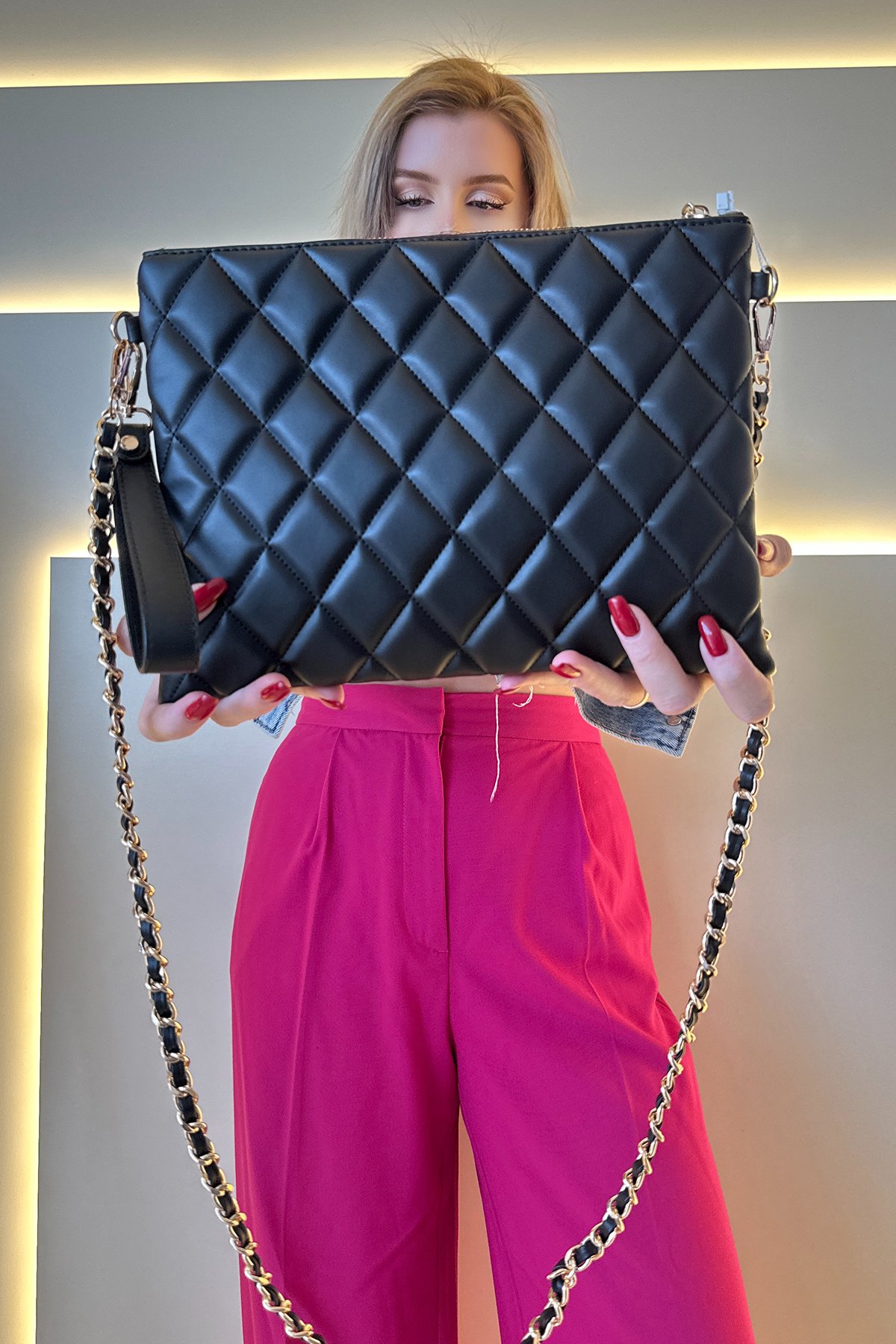 Chnl - Clutch Siyah Gold Detay Deri