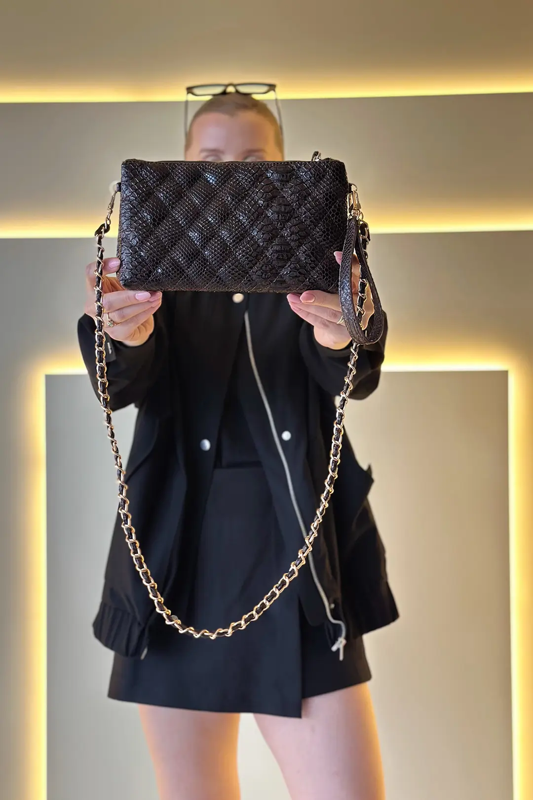 GSS - Zalina Clutch Acı Kahve Yılan Derisi Çanta