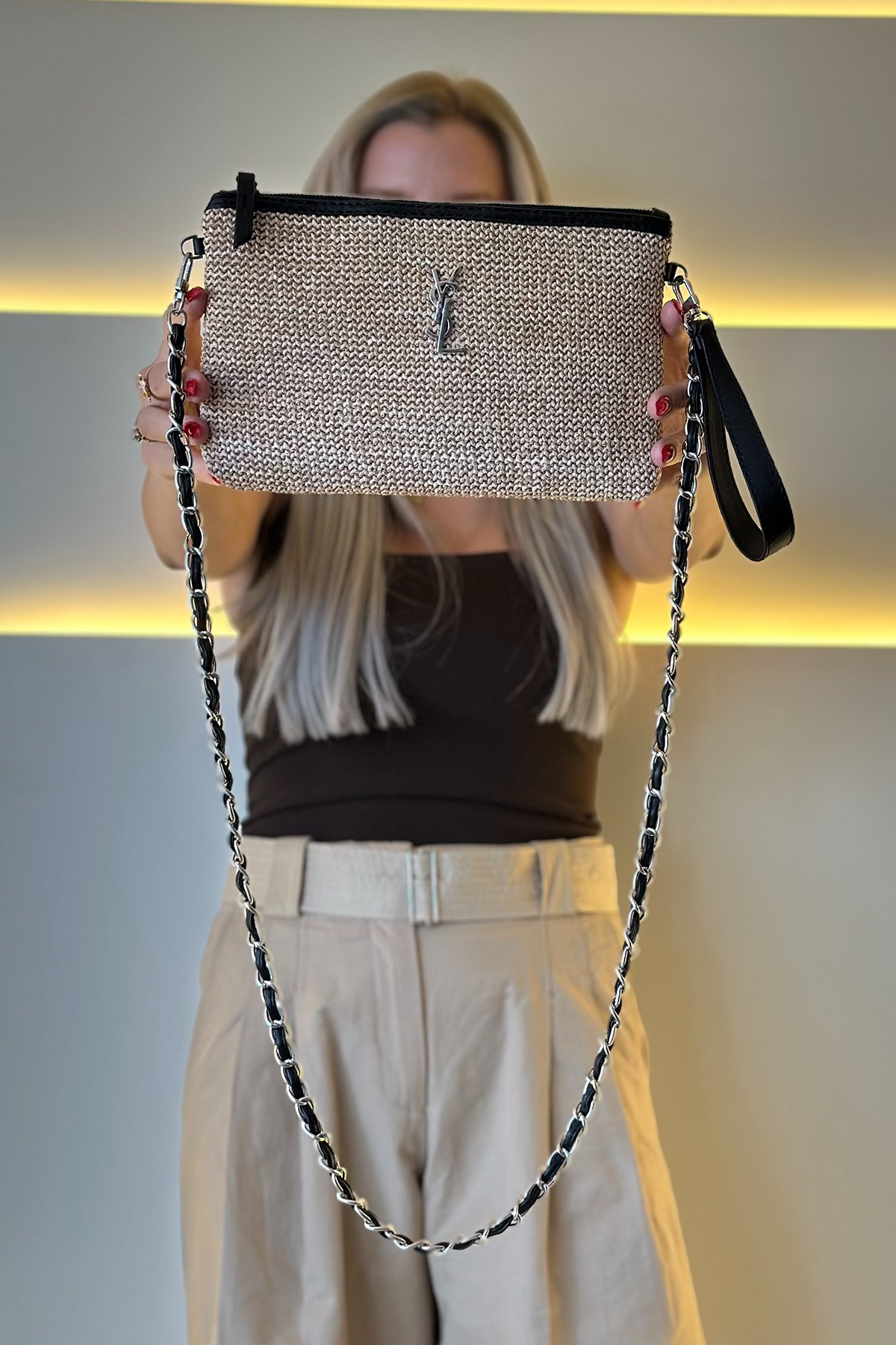 Yves Sl - Hasır Clutch Krem Gümüş Zincir Gold Logo