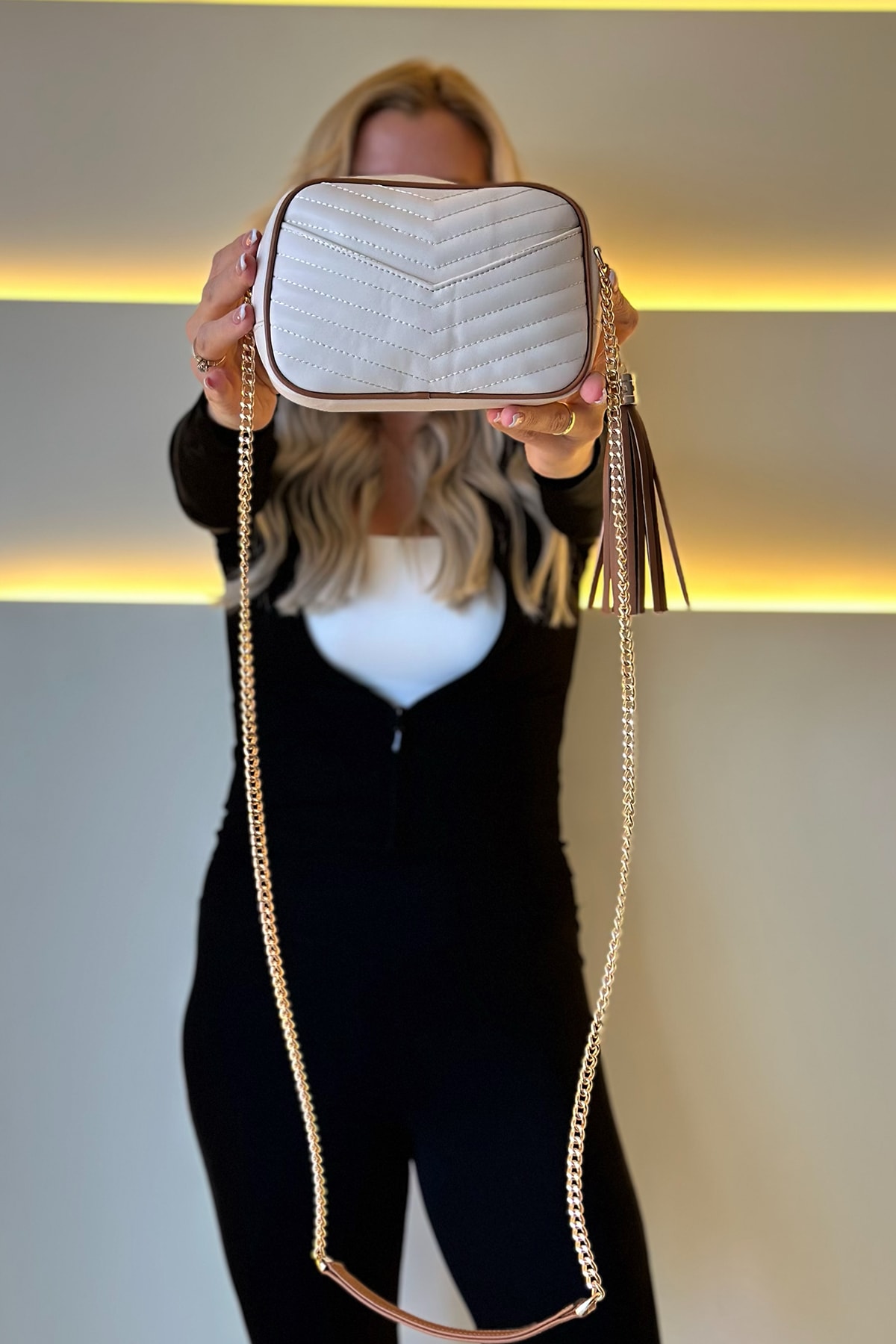 YSL - Mini Lou İn Krem Kahve Detay Deri Çanta