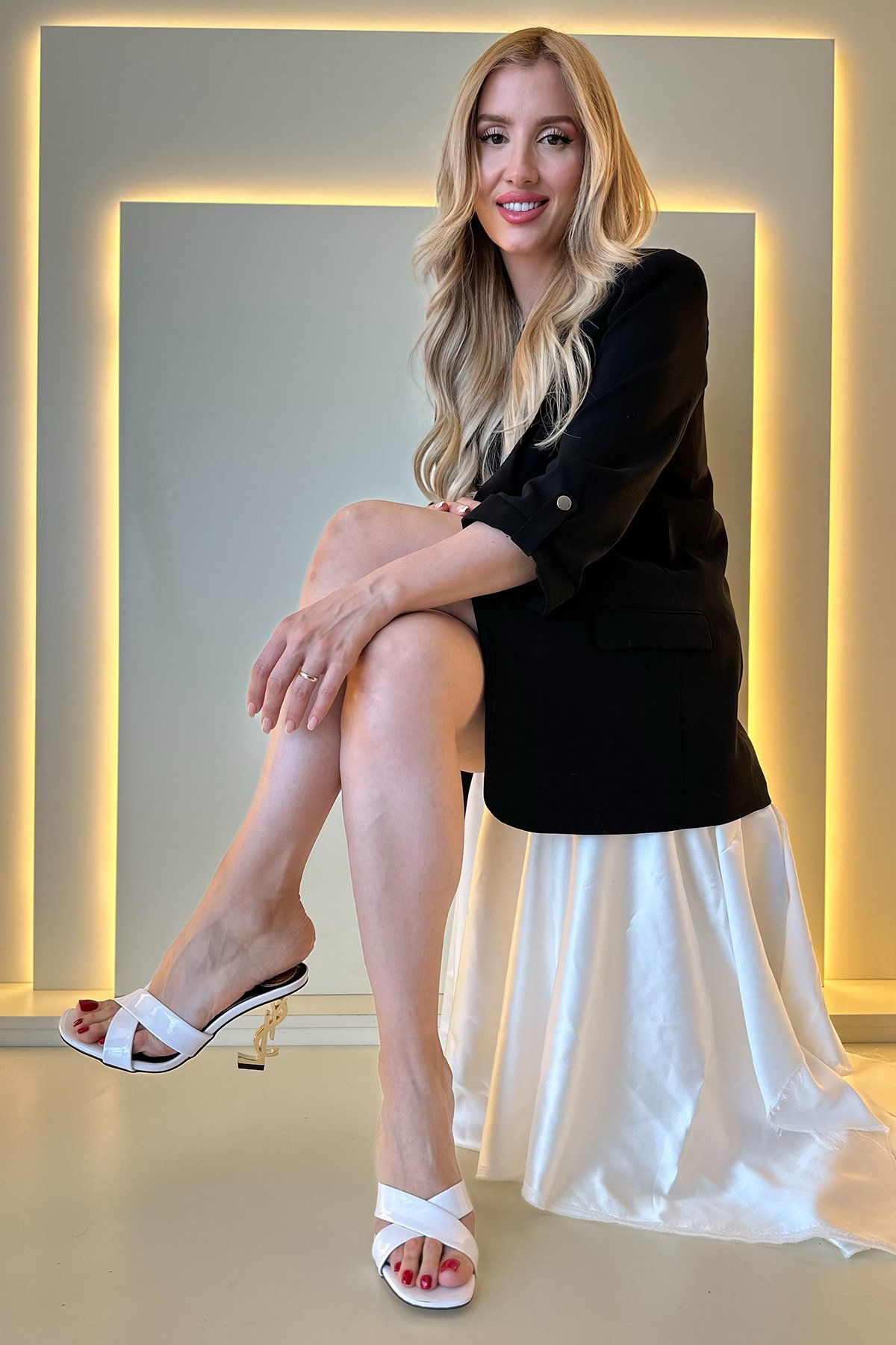 Ysl - Topuklu Ayakkabı Arkası Açık Beyaz