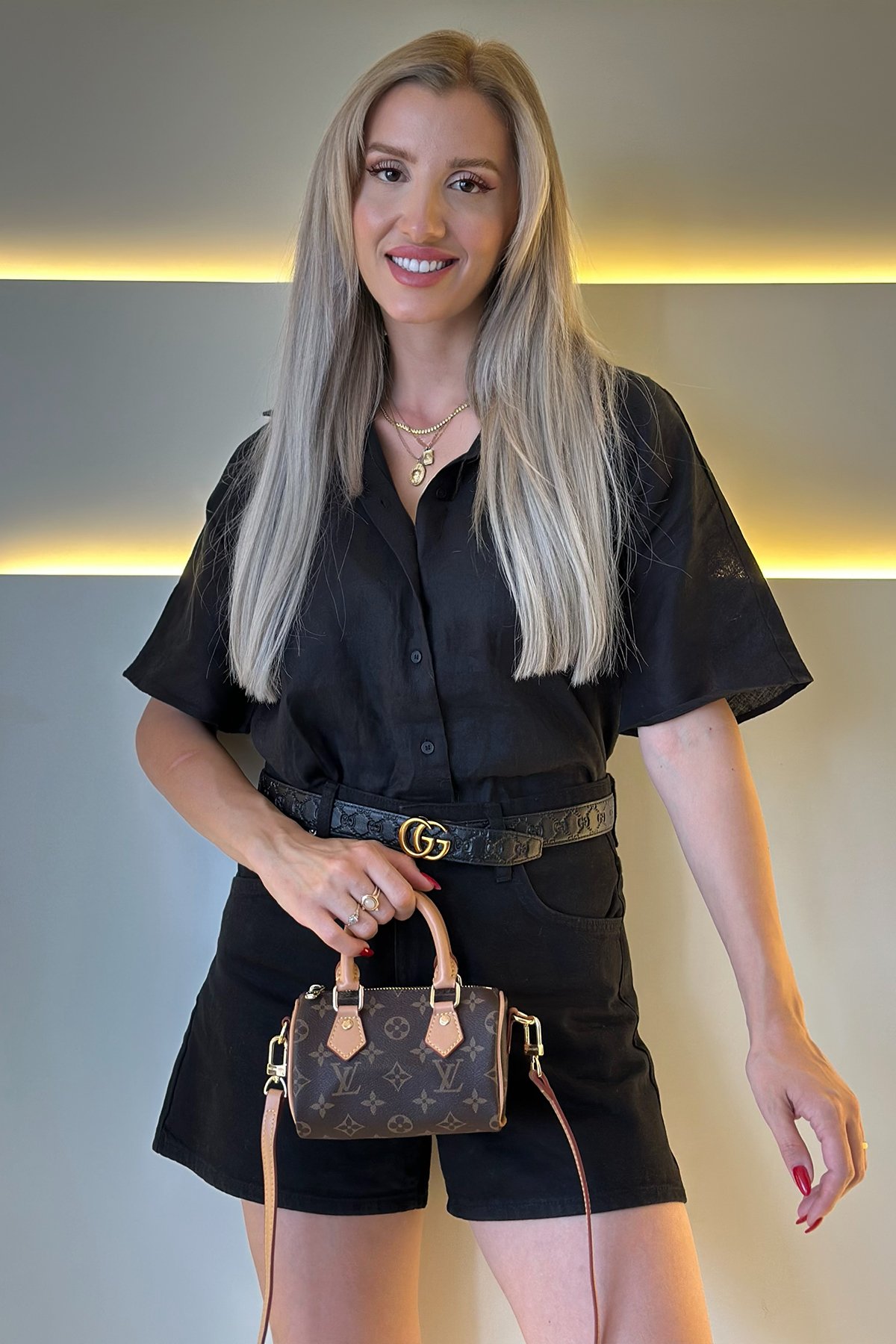 Lv - Speedy Kahve Deri Siyah Dama Bej Askı Detay