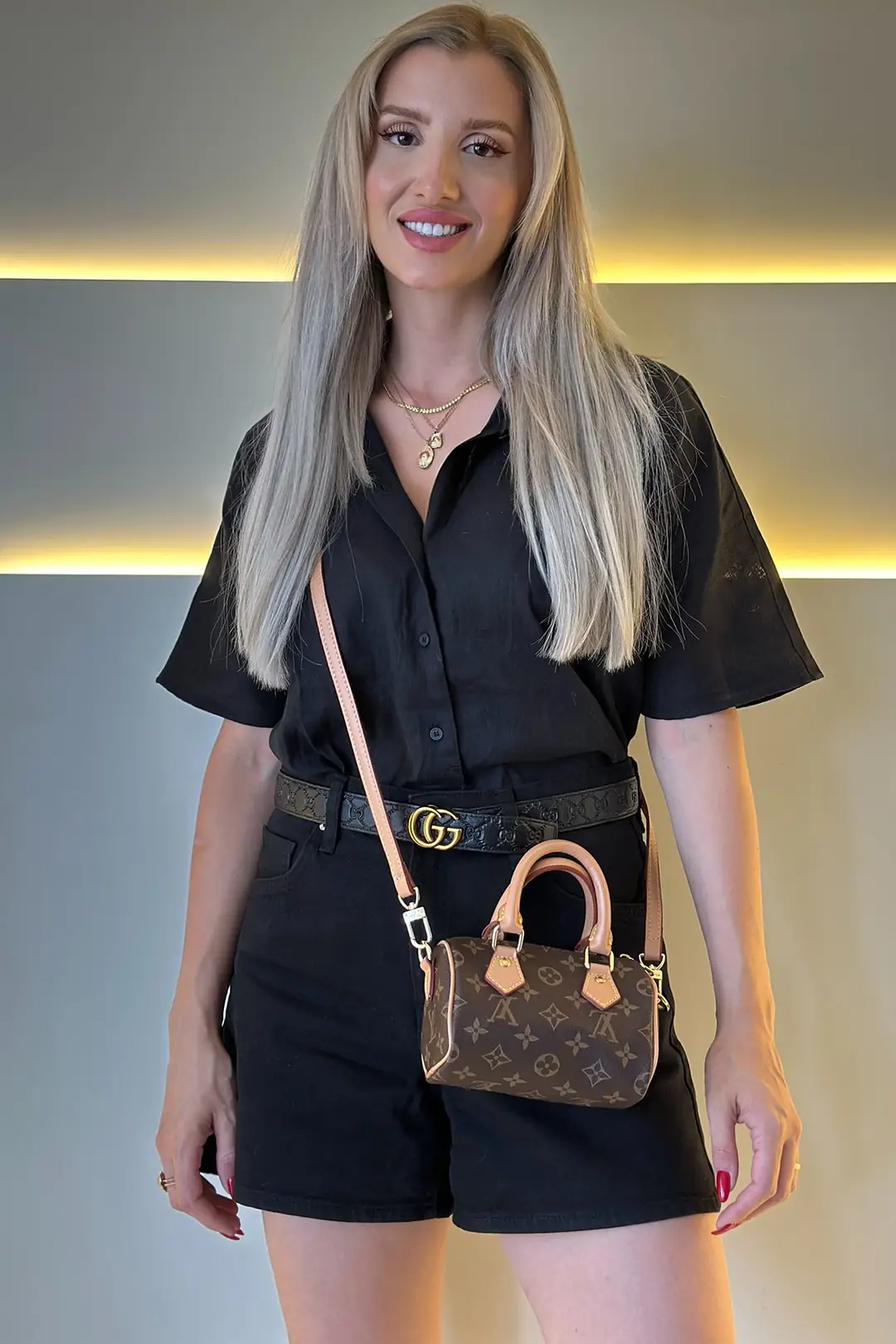 Lv - Mini Speedy Kahve Deri Siyah Dama Bej Askı Detay
