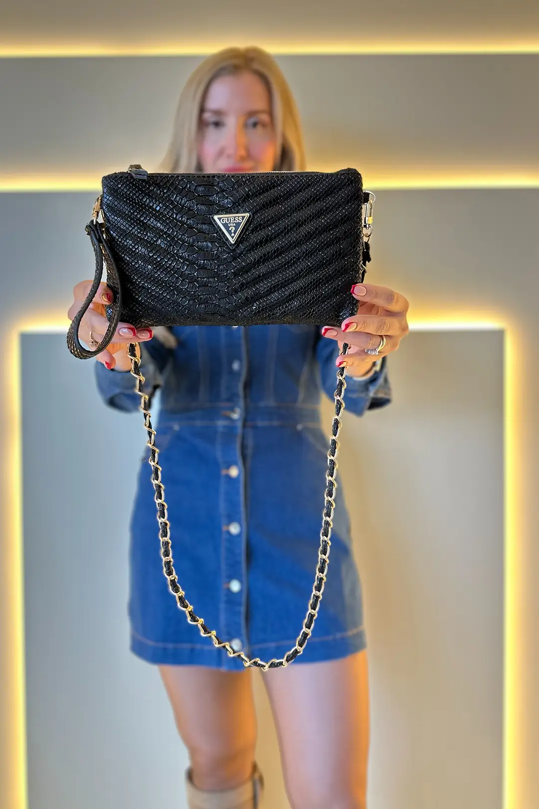 Gss - Clutch Zincirli Siyah Yılan Derisi