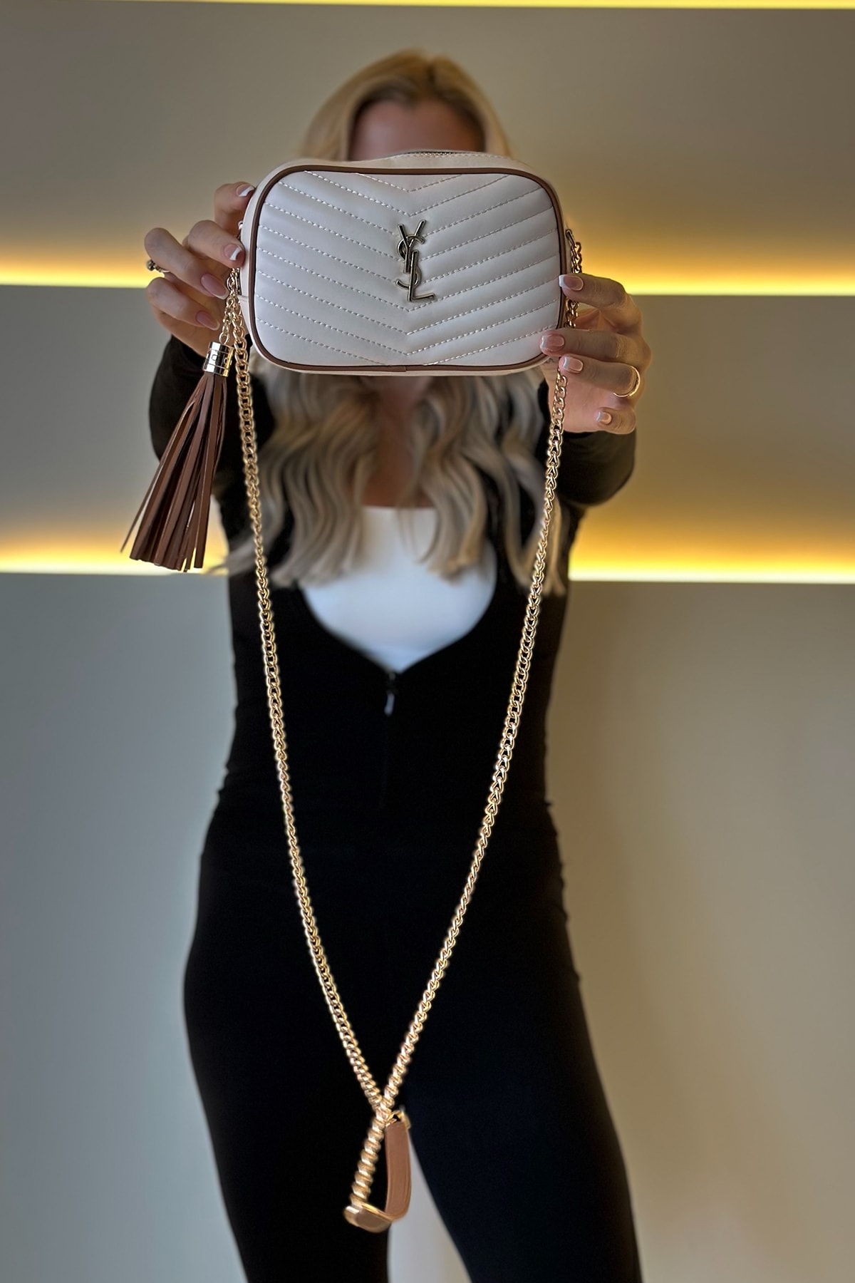 YSL - Mini Lou İn Krem Kahve Detay Deri Çanta