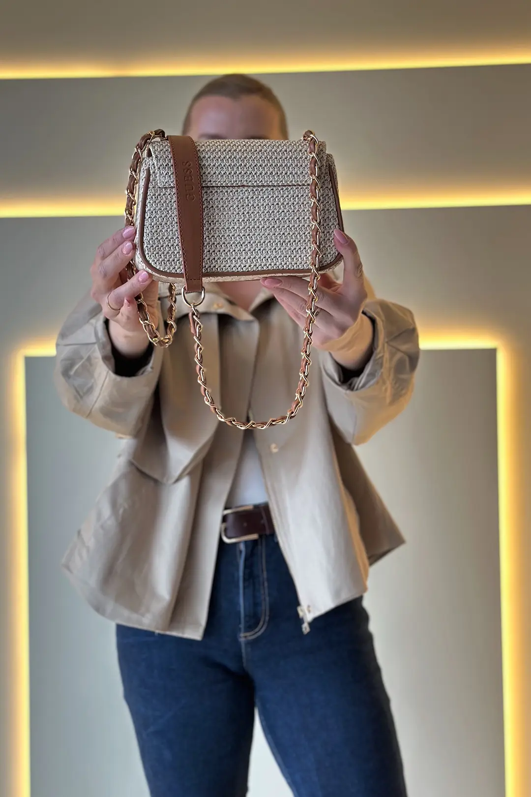 GSS - Rhinestone Beyaz Taba Çanta
